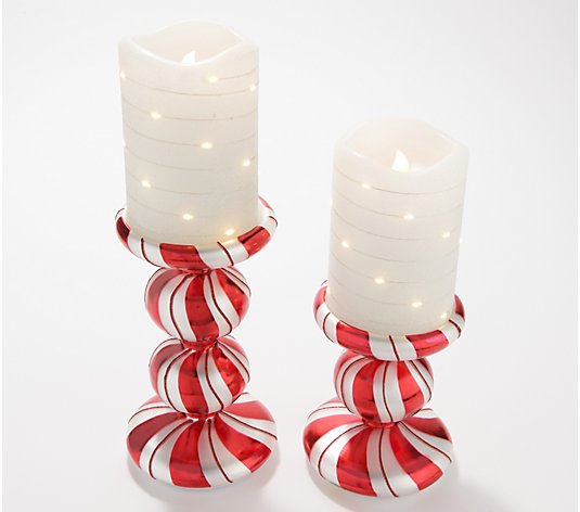 Lightscapes Set of 2 Candy Cane Pedestals with Flameless Candles