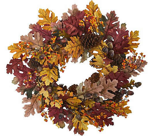 24" Oak Leaf, Acorn & Pine Wreath by Nearly Natural