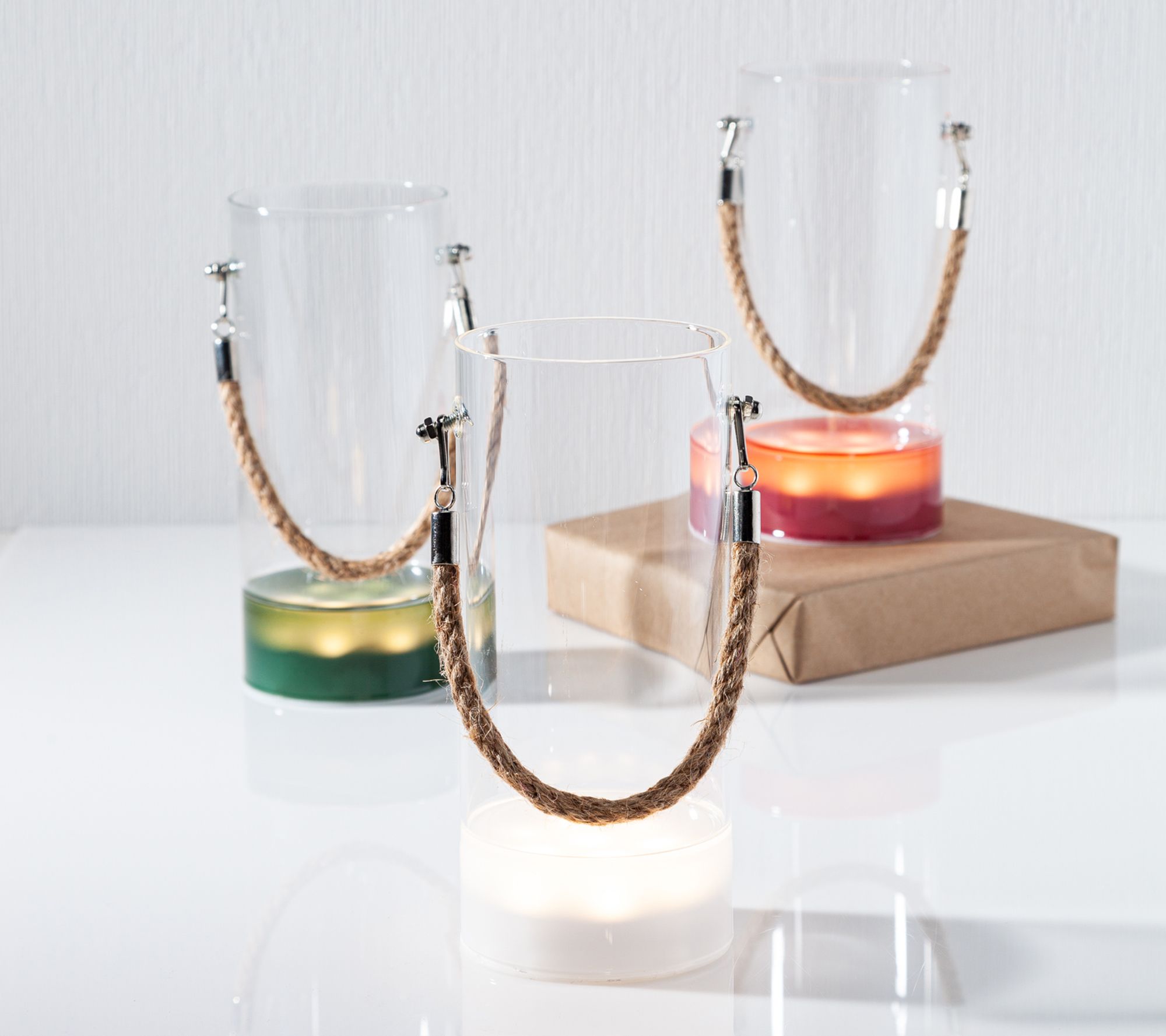 Set of Three 7.87" Lighted Glass Vases W/Rope by Gerson Co.