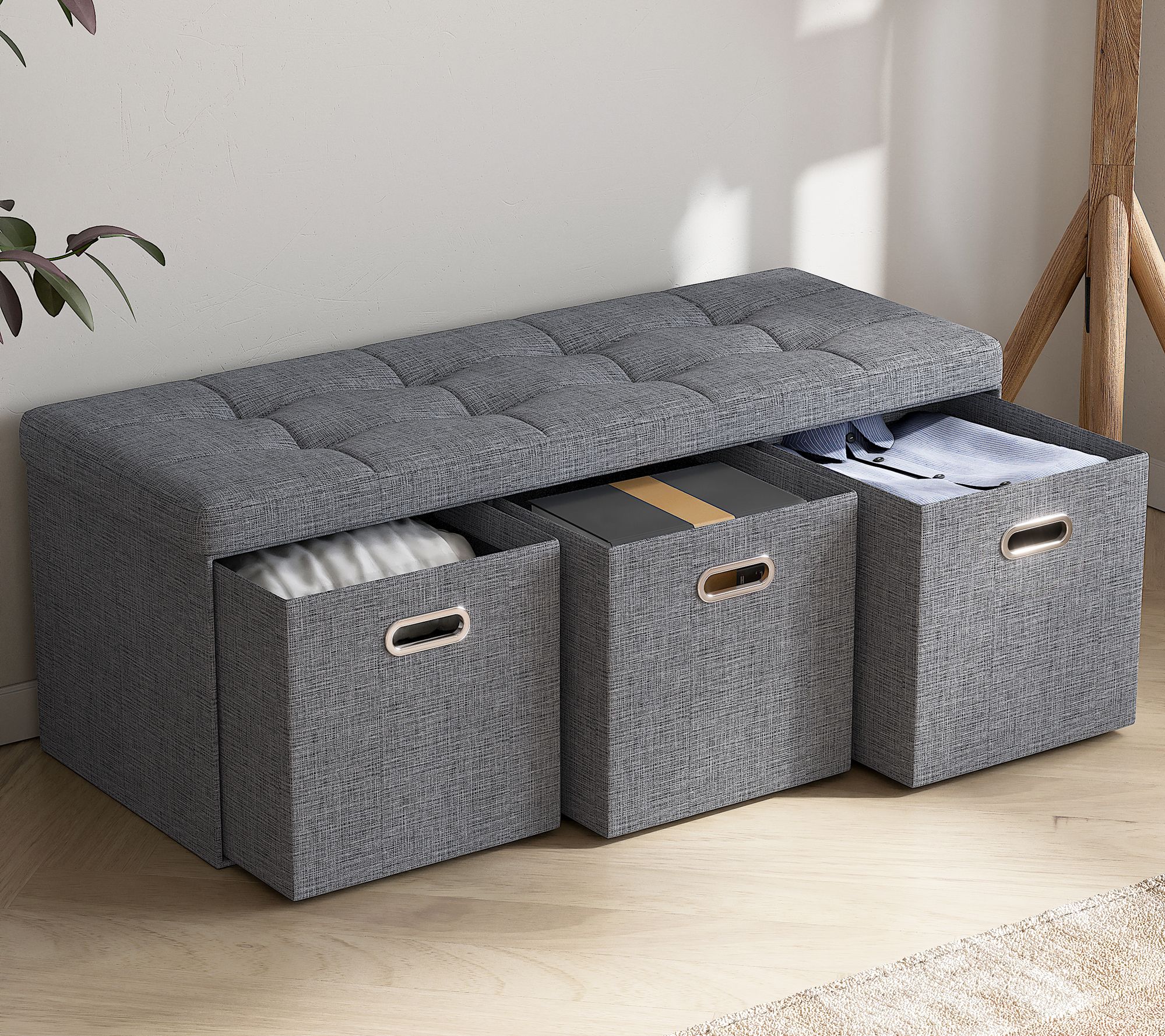 Ornavo Home Foldable Storage Long Bench Ottoman w/ 3 Drawers