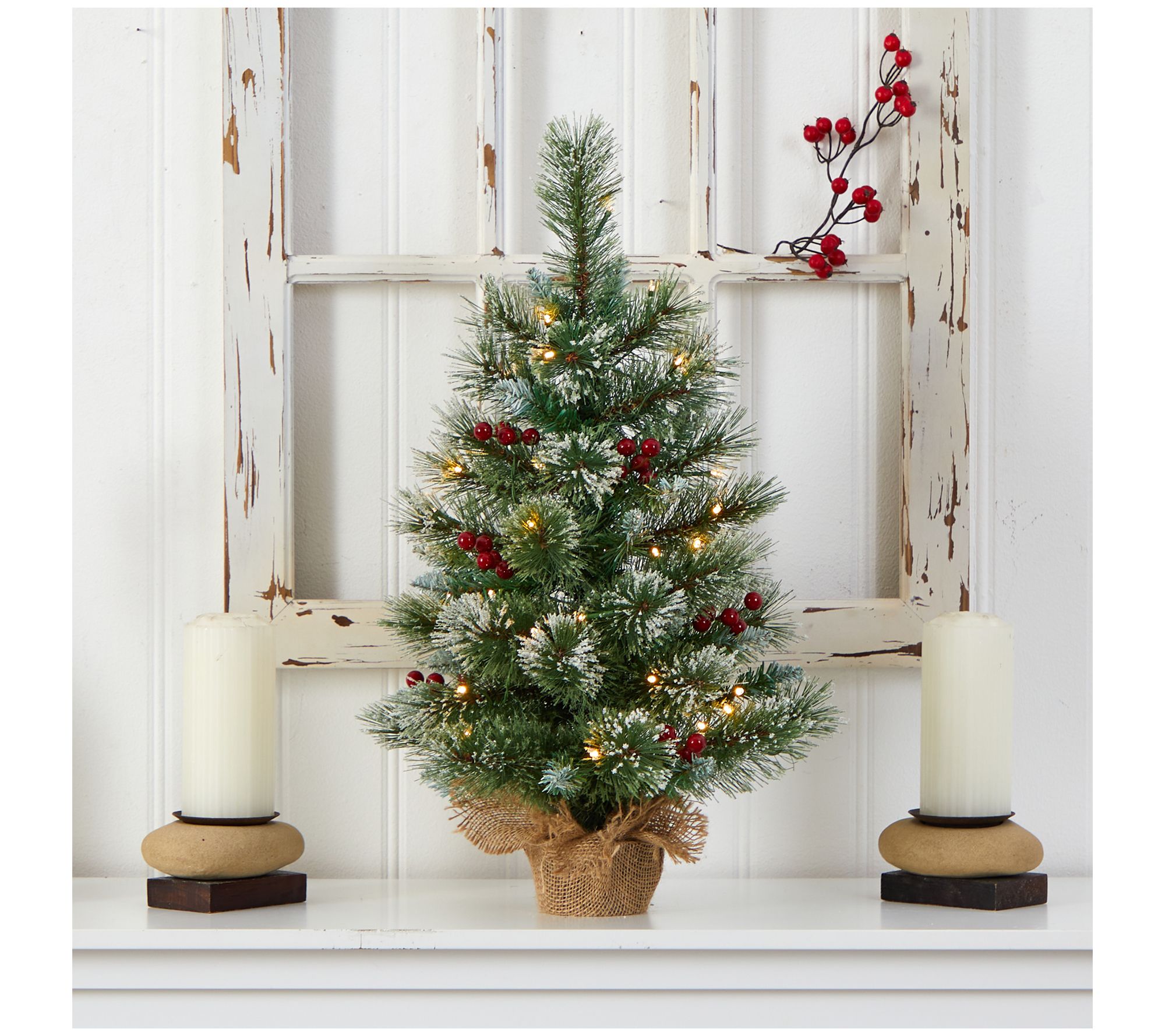 Nearly Natural 2' Snow Tipped Pine and Berry Christmas Tree