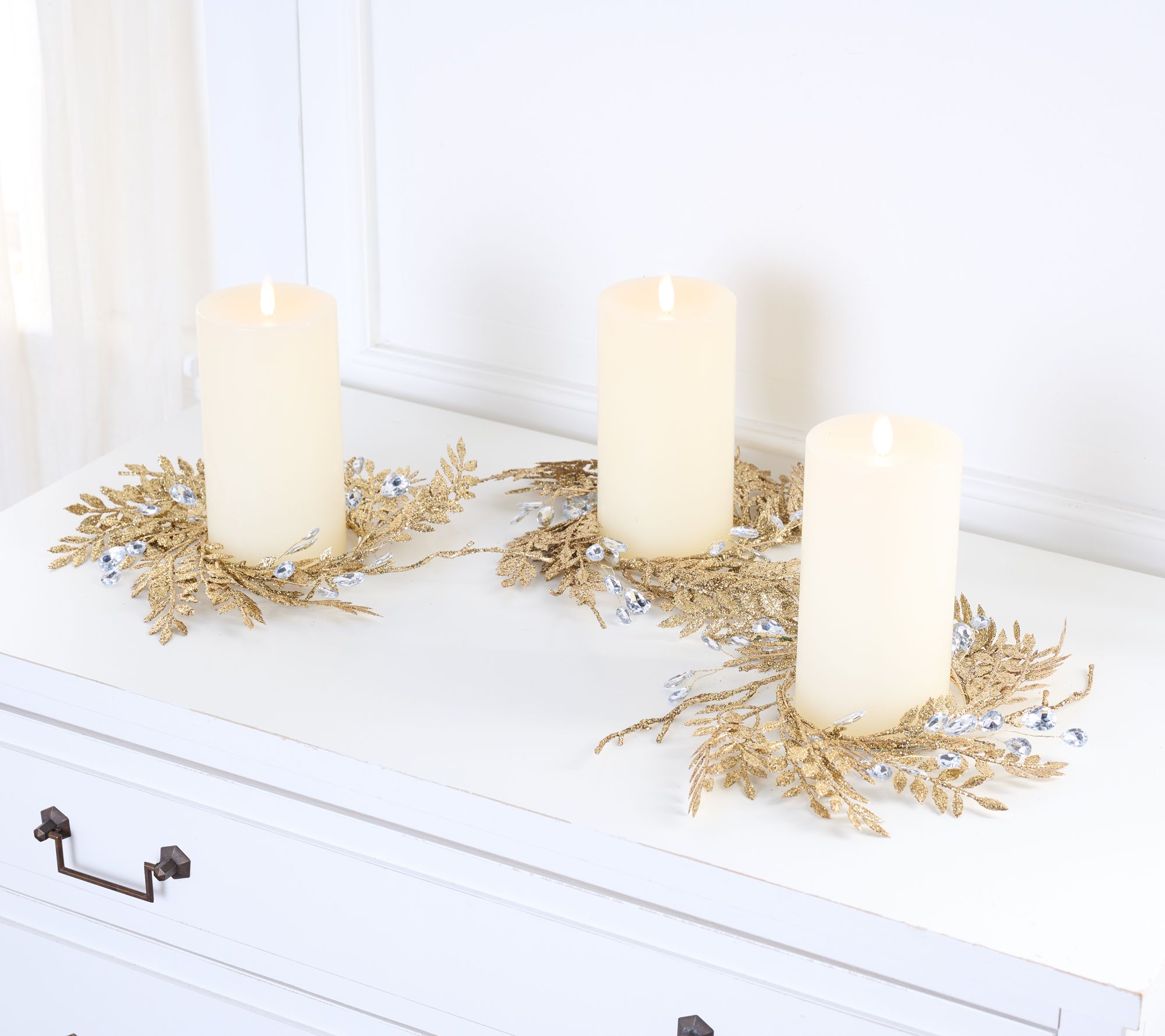 Set of 3 Glittered Leaf & Faceted Gem Candle Rings by Valerie