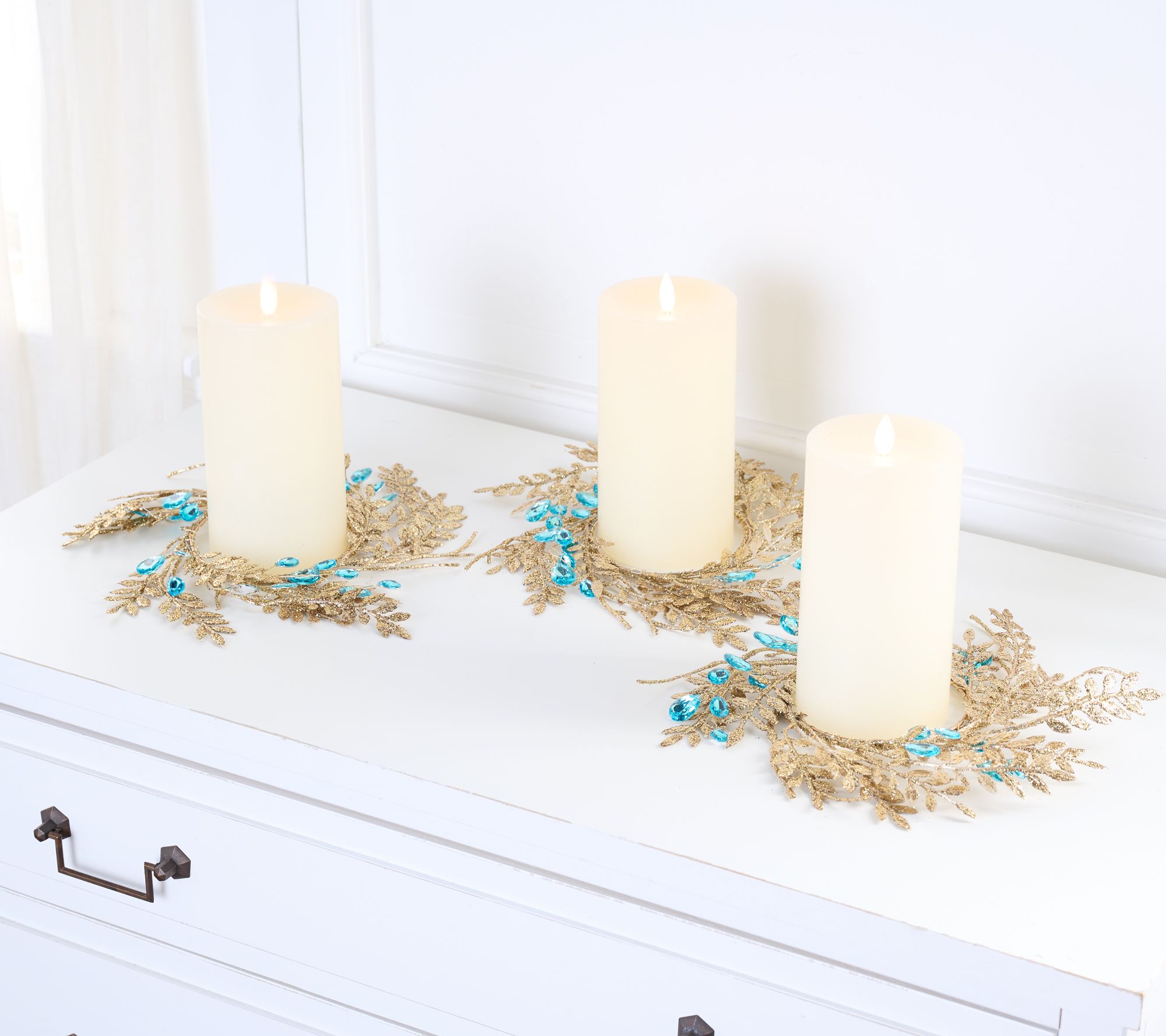 Set of 3 Glittered Leaf & Faceted Gem Candle Rings by Valerie