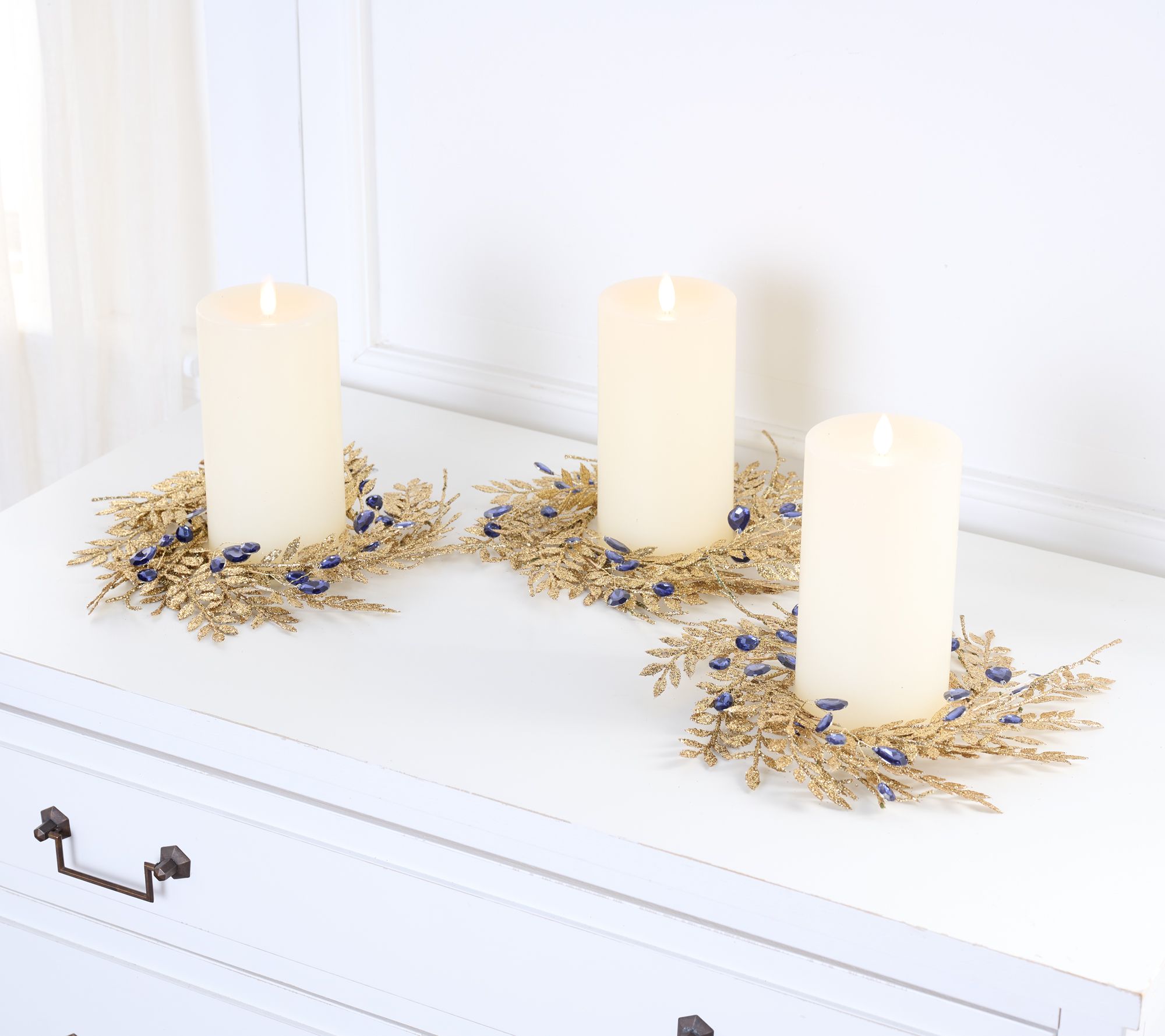 Set of 3 Glittered Leaf & Faceted Gem Candle Rings by Valerie