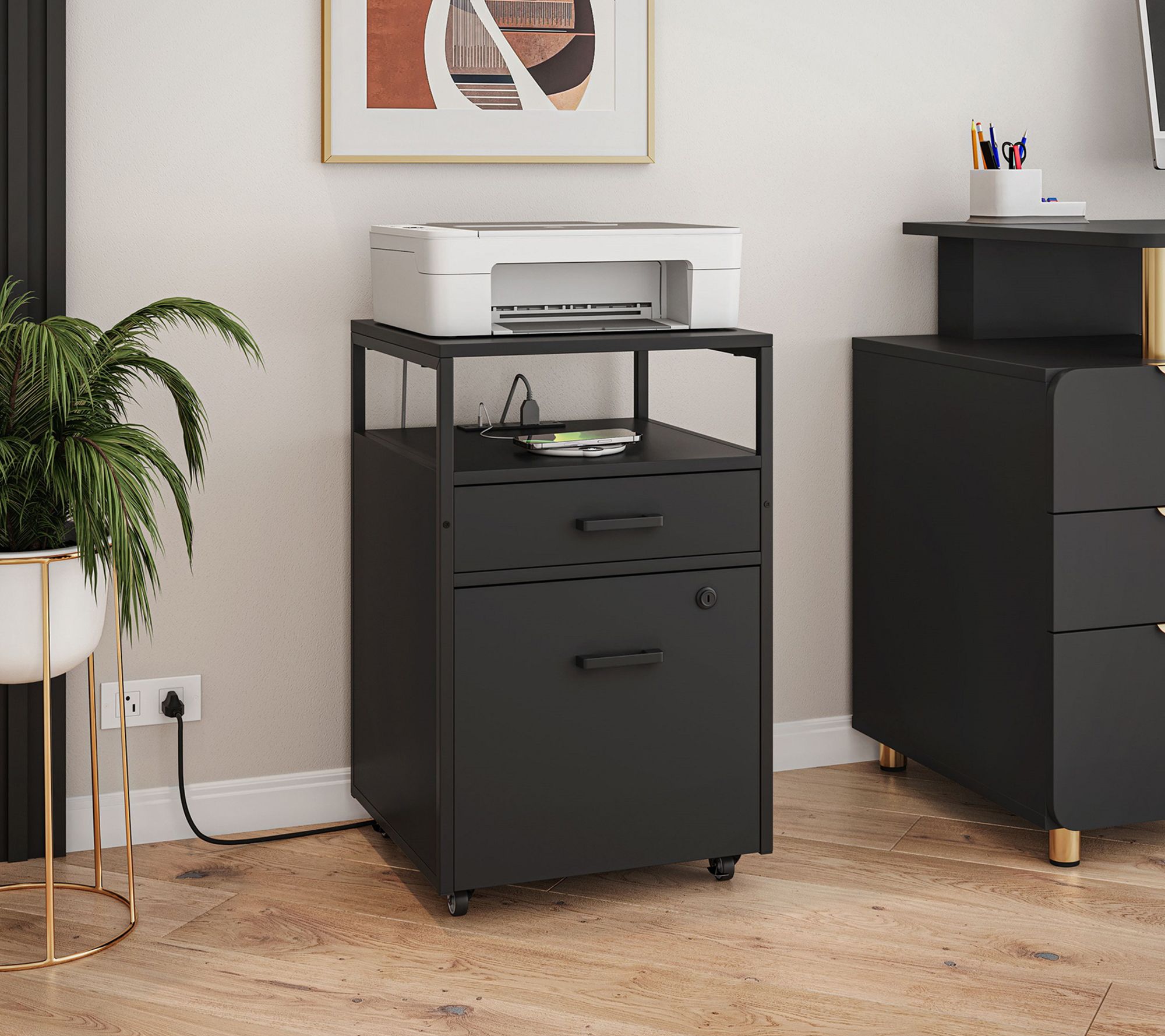 Techni Mobili Rolling 2-Drawer File Cabinet with USB Ports