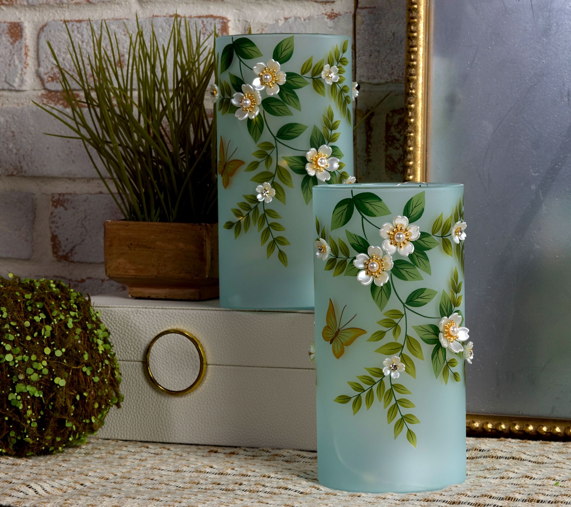 Set of (2) 8" Illuminated Hurricanes_with Pearl Flowers by Valerie