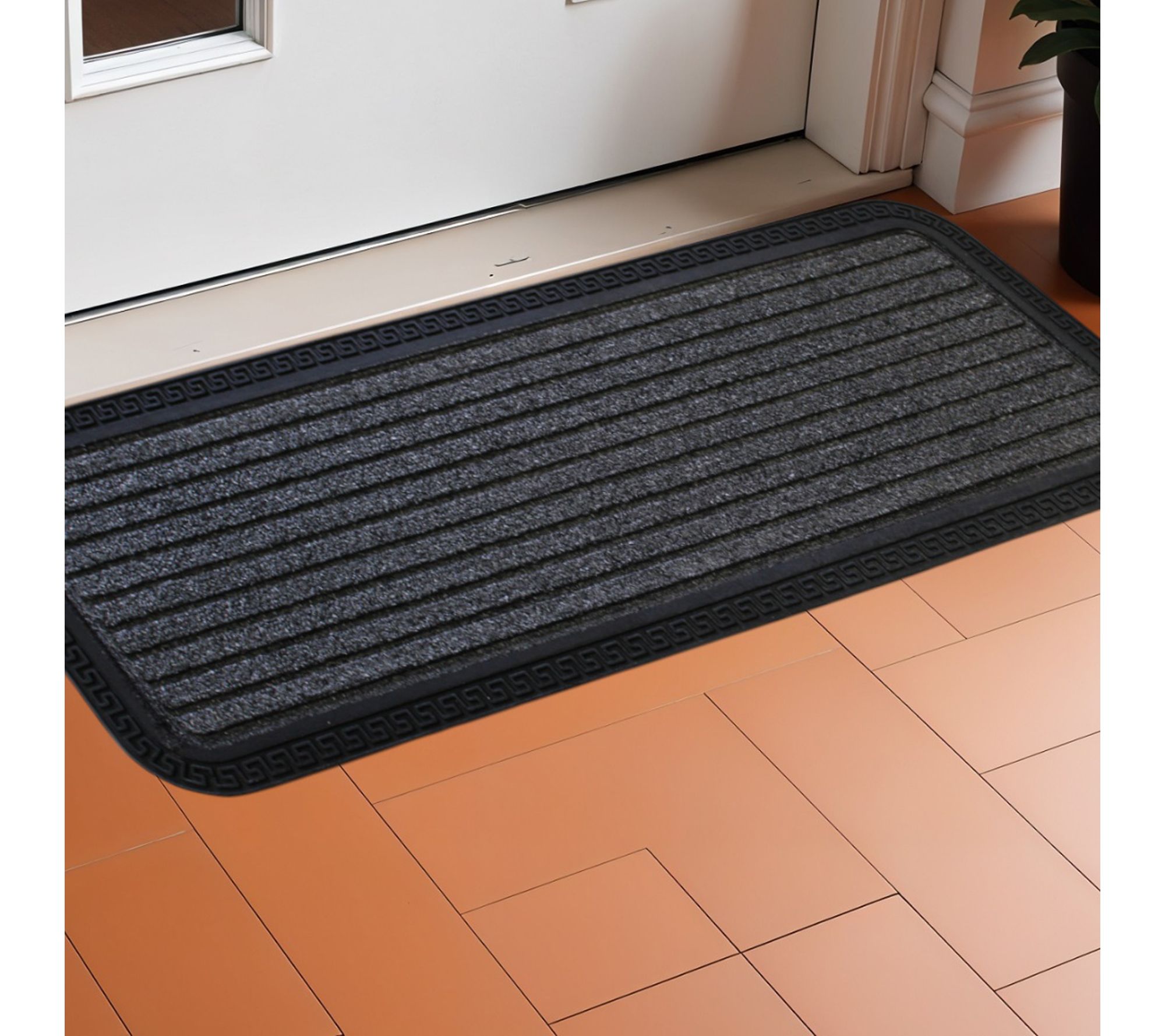 HomeRoots 10" X 30" Gray Synthetic Fiber Striped Door Mat