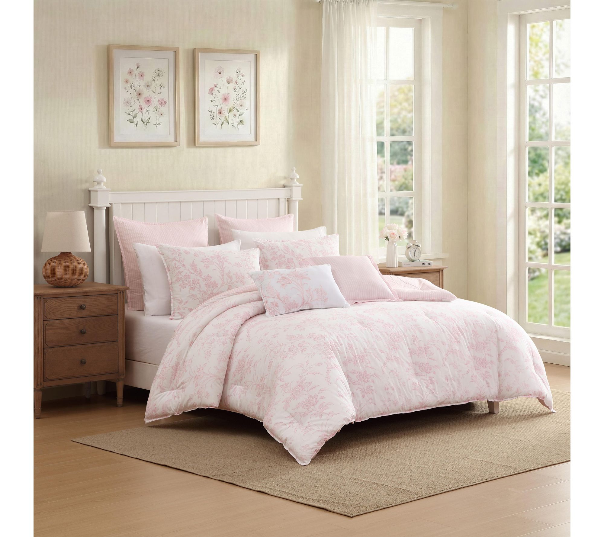 Laura Ashley Natalie White/Pink 7-Pc Cotton King Comforter Set