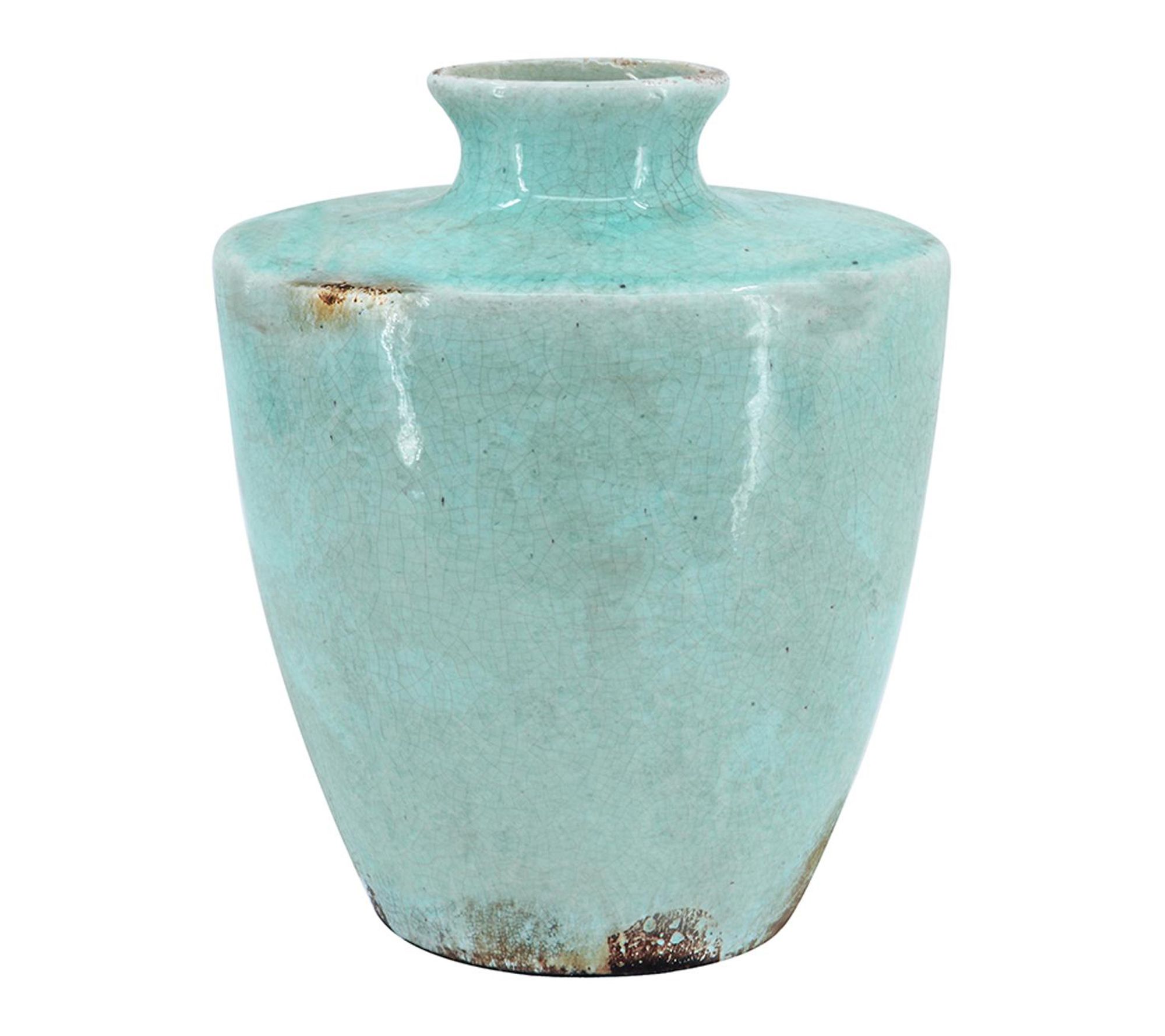 HomeRoots 12" Aqua Terracotta Crackle Glaze Round Vase