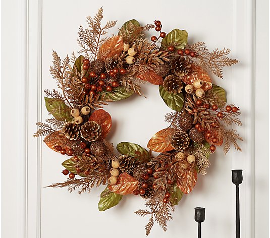 24" Metallic Leaf, Berry, Pinecone Wreath by Valerie
