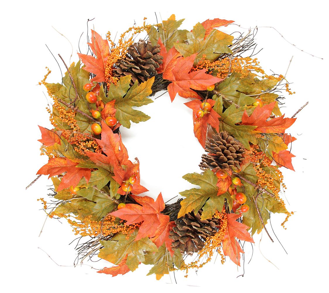 Northlight Fall Leaves Pinecones & Orange BerryWreath 24"