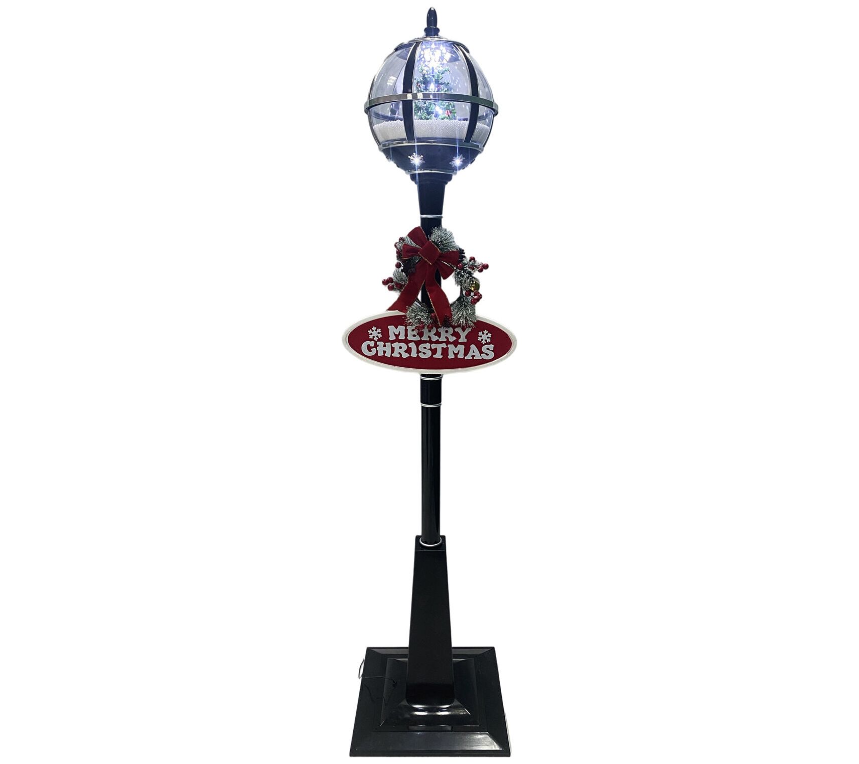 Fraser Hill Farm 71 in. Double Musical Lamp Post with 2 Red Lanterns and Snow