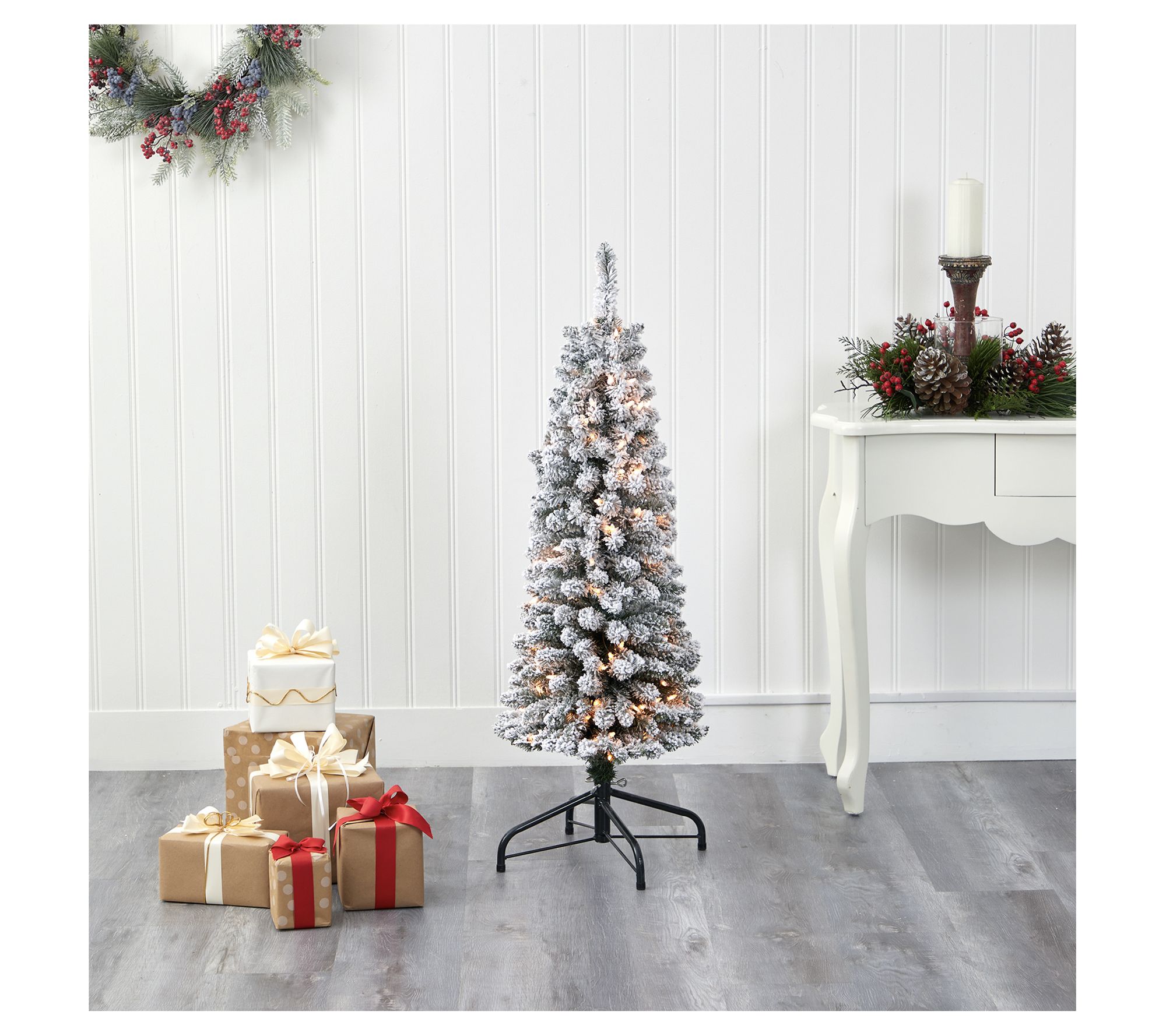 Nearly Natural 4' Flocked Pencil Faux Christmas  Tree w/ Lights