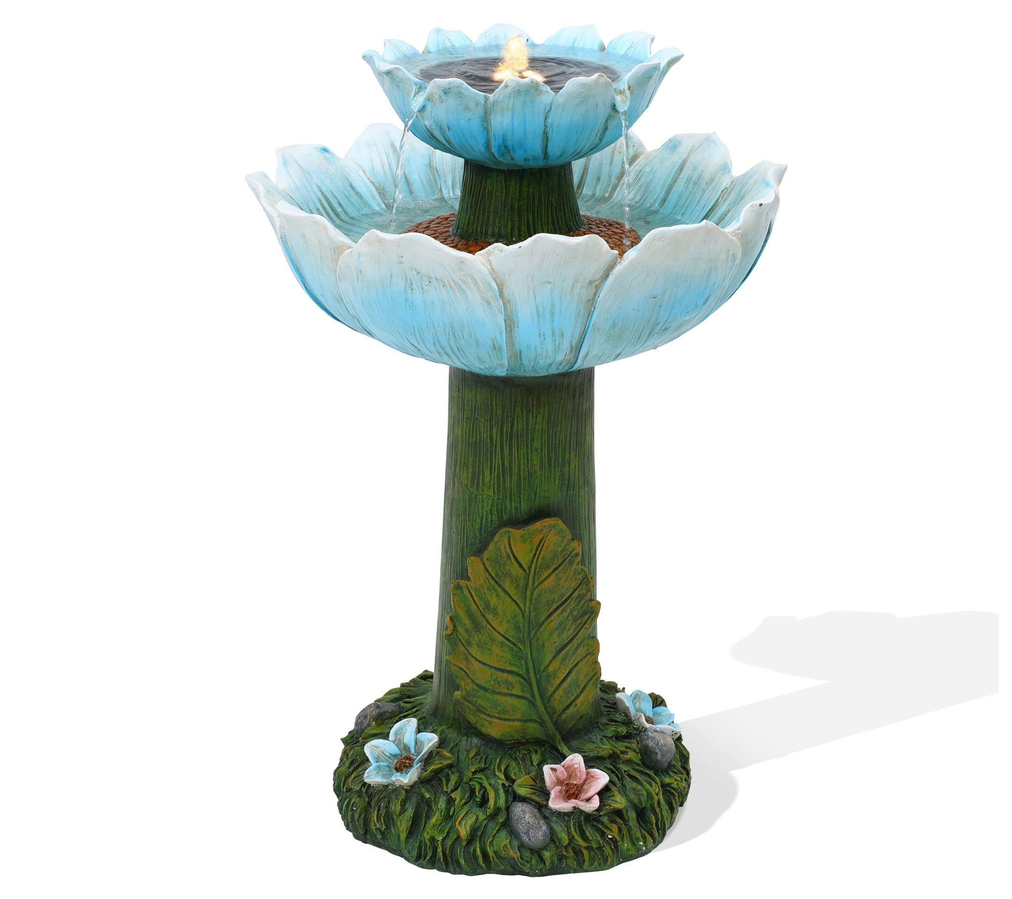 LuxenHome Solar Powered Blue Flower Resin Birdbath Fountain