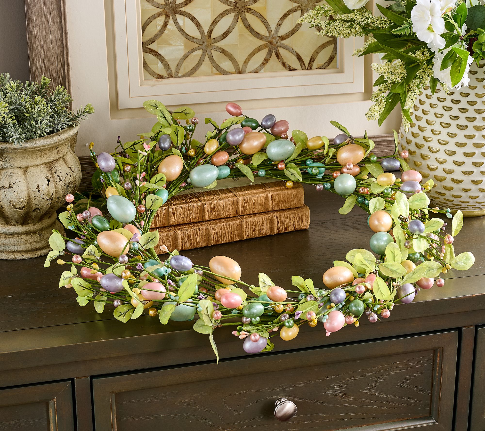 22" Pearlized Egg, Pip Berry and Leaf Wreath by Valerie