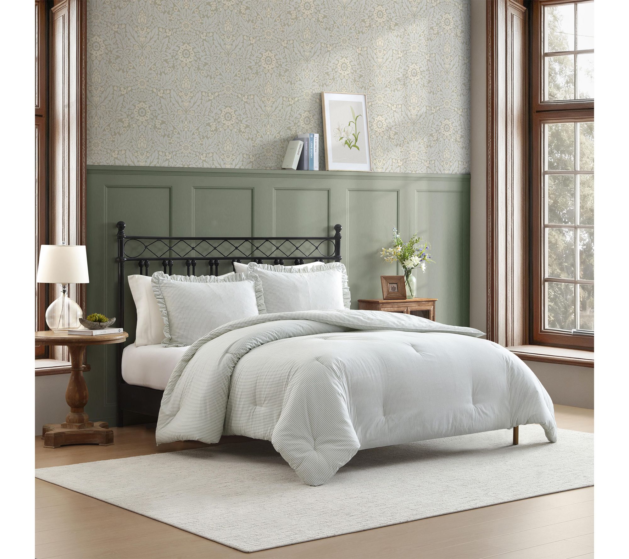 Laura Ashley Oxford Stripe Green Cotton Queen Comforter Set