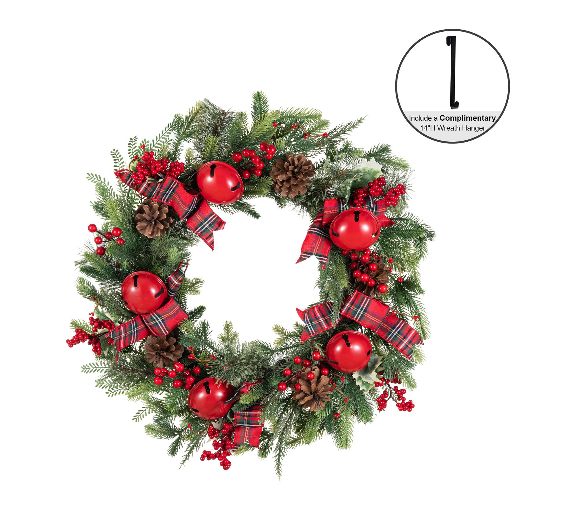 Glitzhome 26"D Christmas Bell Pinecone & Berry Bow Wreath