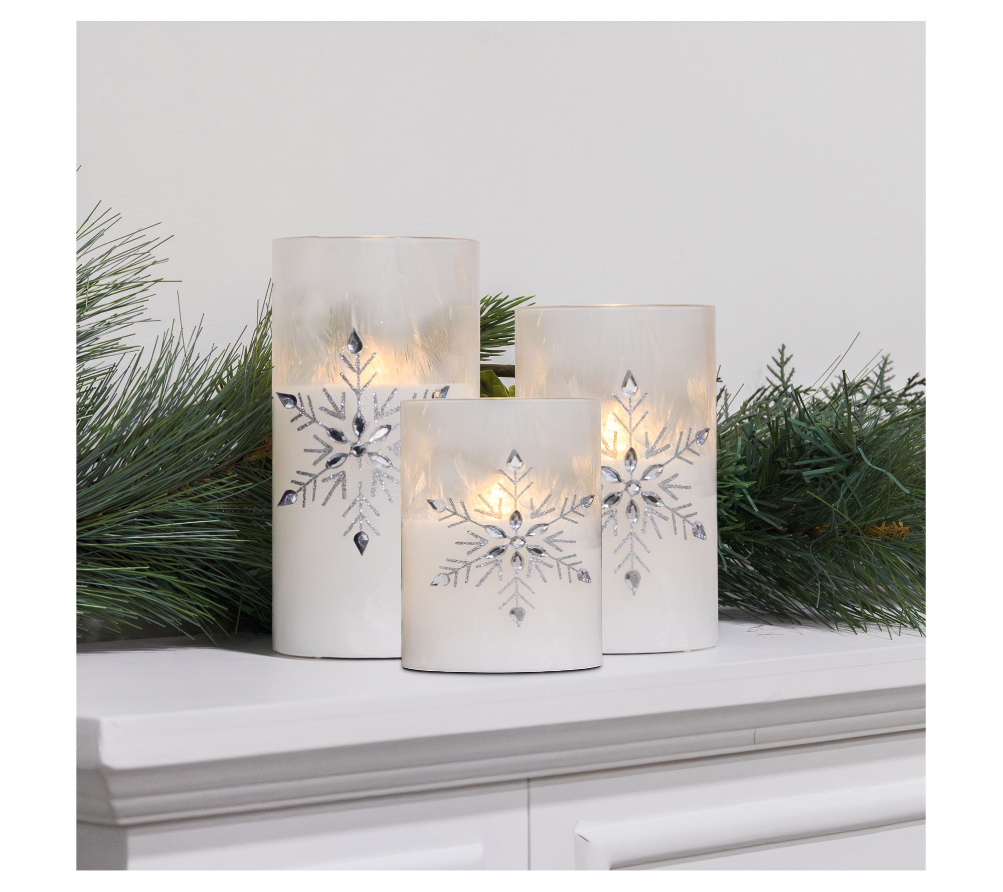 LumaBase Set of 3 Battery Operated Glass Snowflake Hurricanes