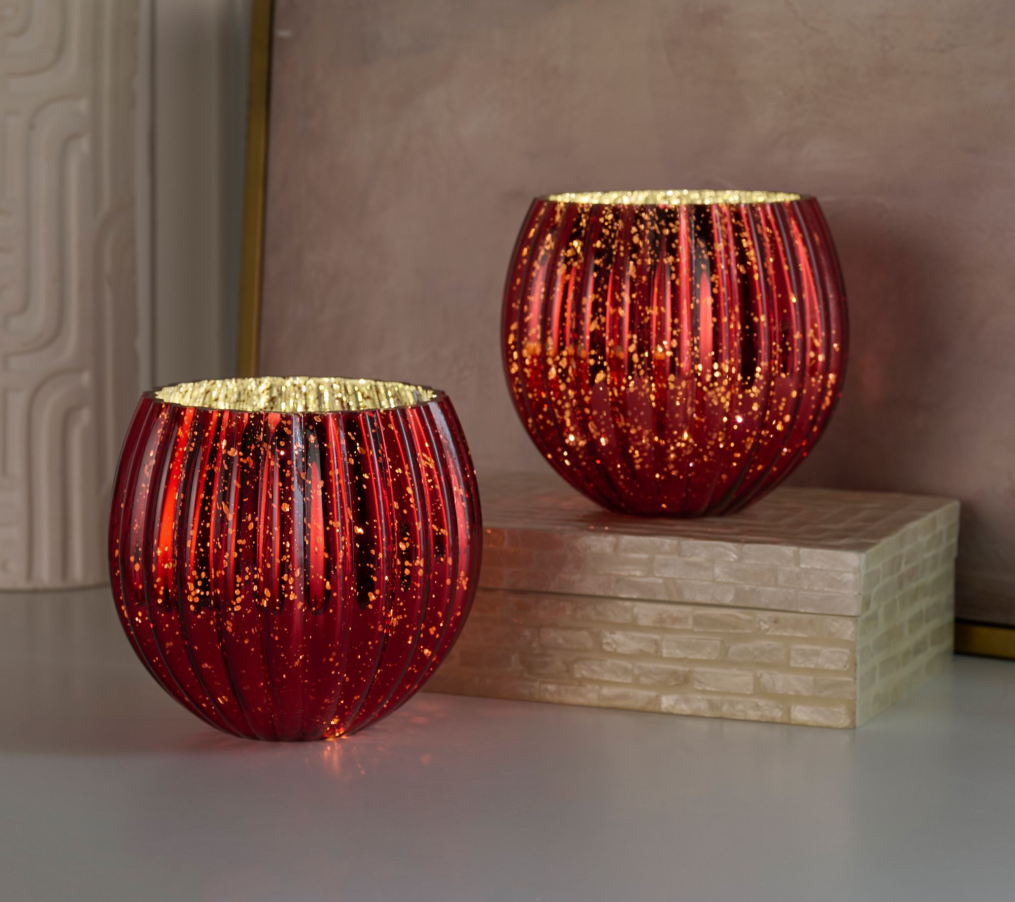 "As Is" Set/2 6" Illuminated Ribbed Mercury Rose Bowls by Valerie