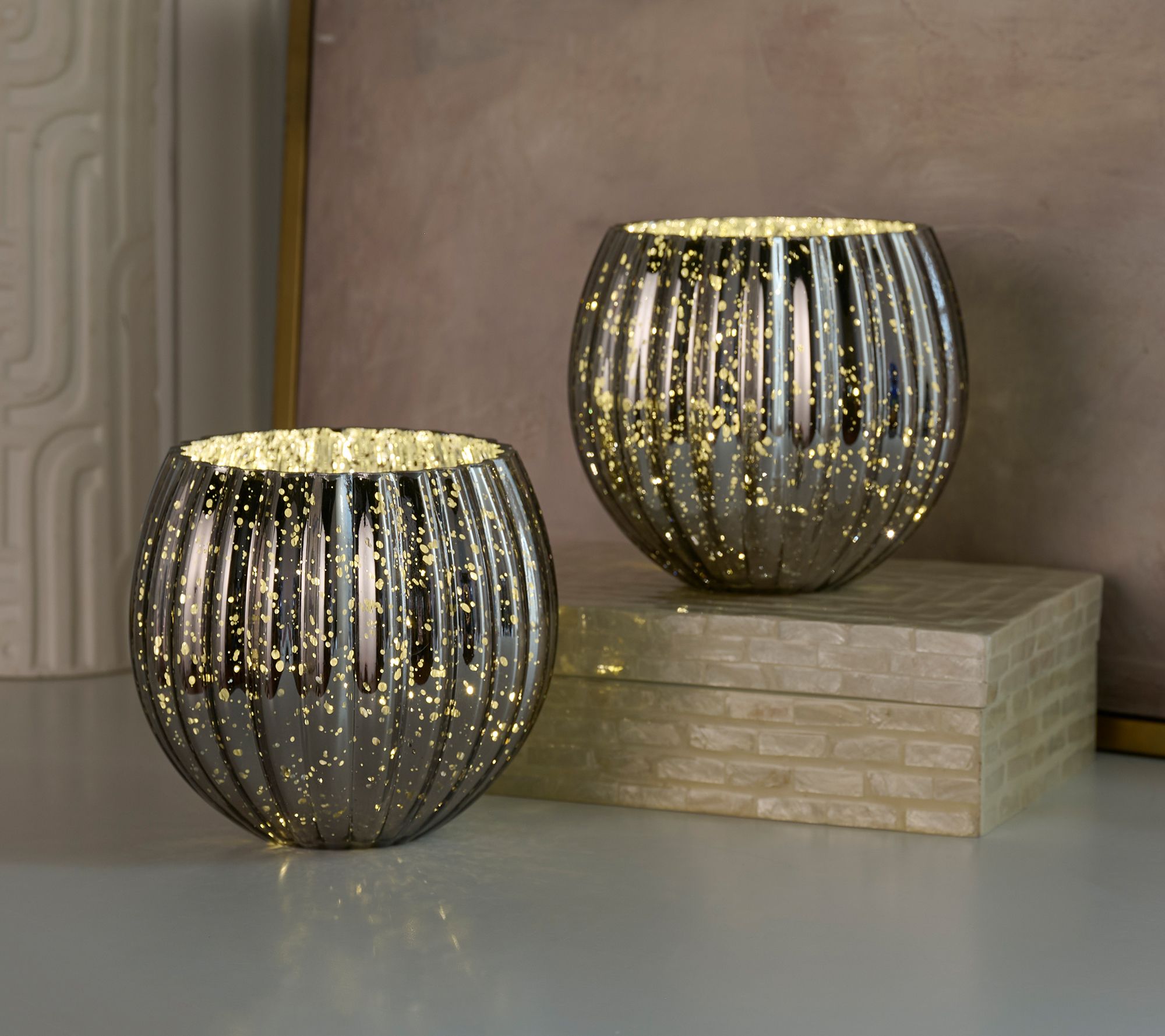 "As Is" Set/2 6" Illuminated Ribbed Mercury Rose Bowls by Valerie