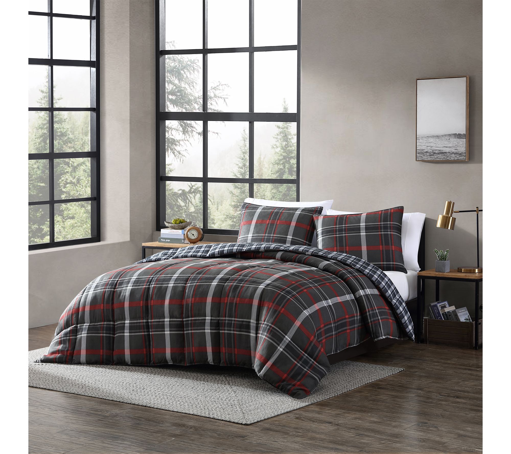 Eddie Bauer Willow Plaid Grey Textured Queen Comforter Set