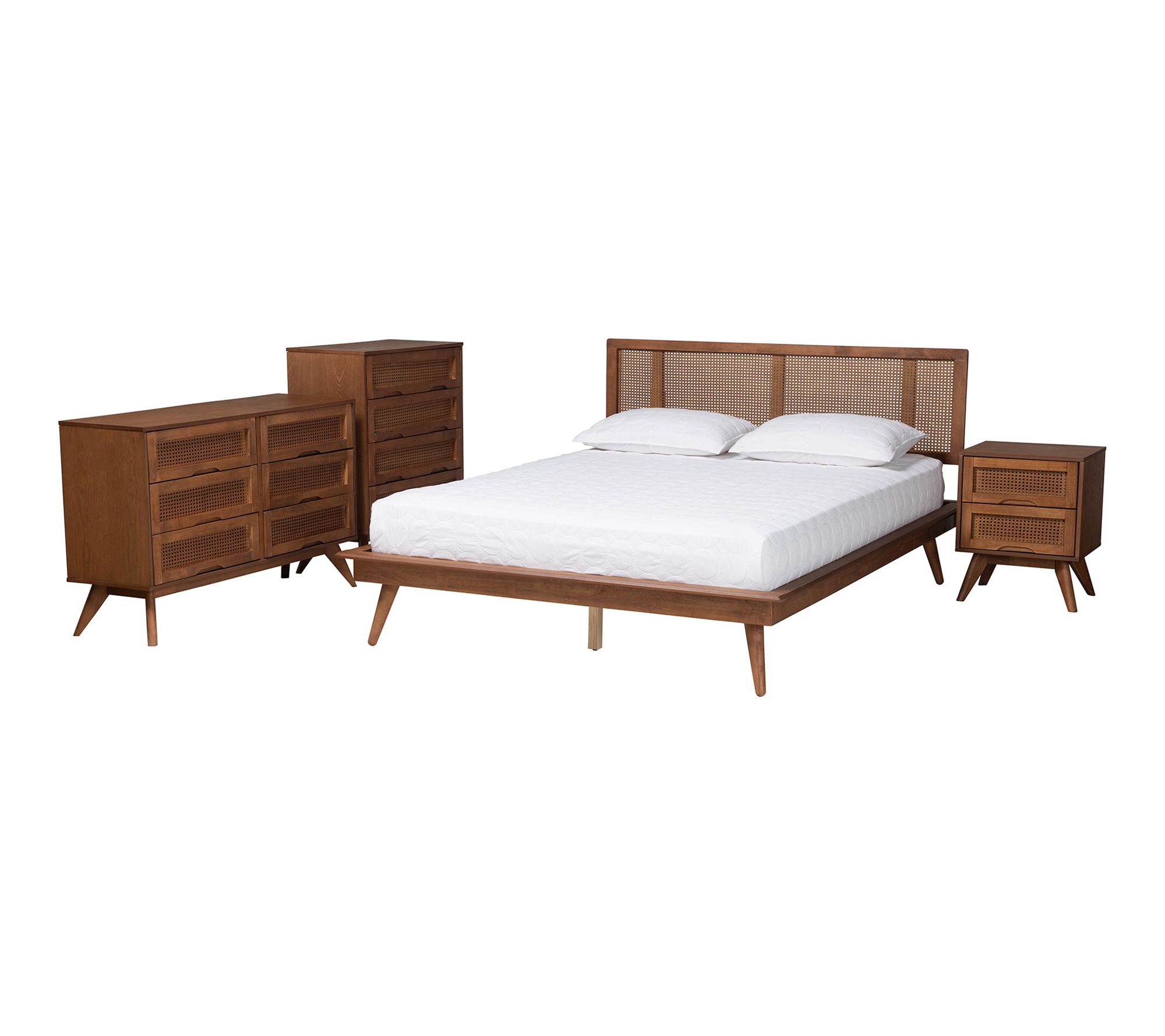 Baxton Studio Nura Wood and Rattan Full 4-PieceBedroom Set