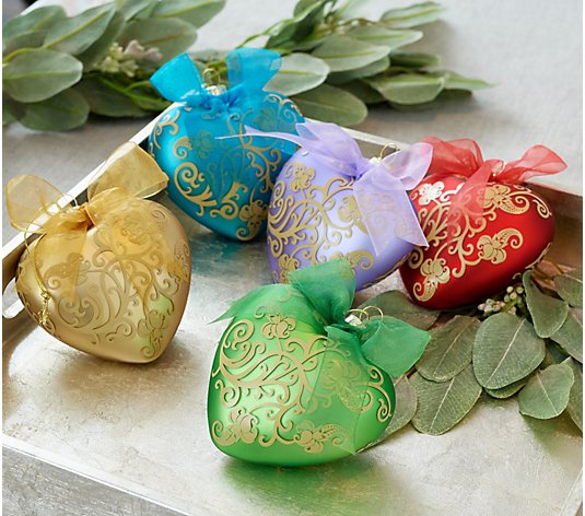 Set of 5 Glass Scroll Heart Ornaments with Gift Boxes by Valerie