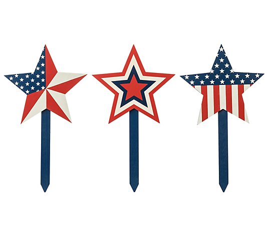 Glitzhome USA Patriotic Stars Yard or Potted Plant Stakes S/3