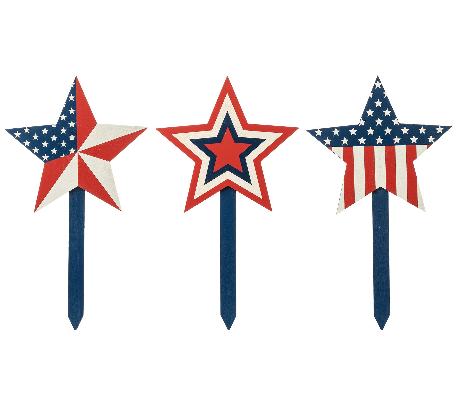 Glitzhome USA Patriotic Stars Yard or Potted Plant Stakes S/3