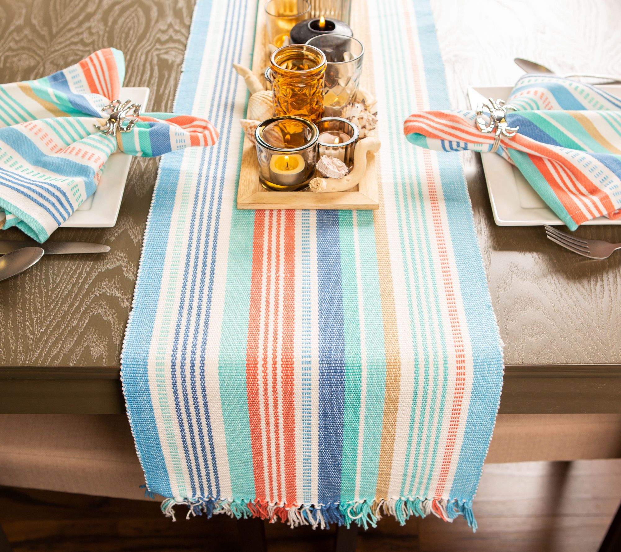 Design Imports Seashore Stripe Fringed Table Runner 13" x 72"