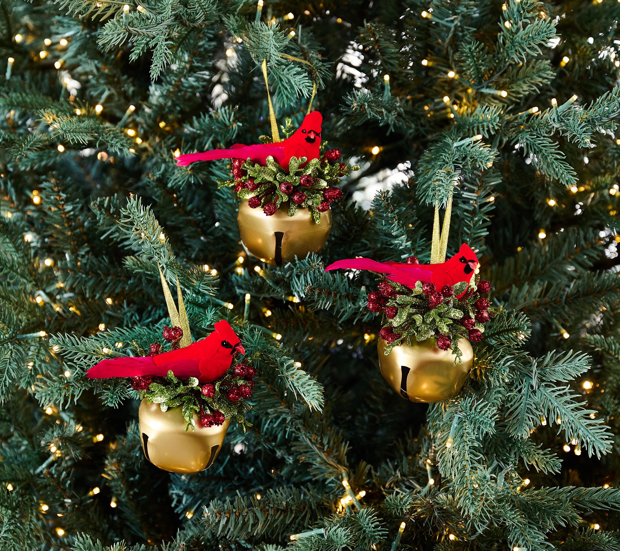 Set of 3 Jingle Bell Ornaments with Cardinals by Valerie