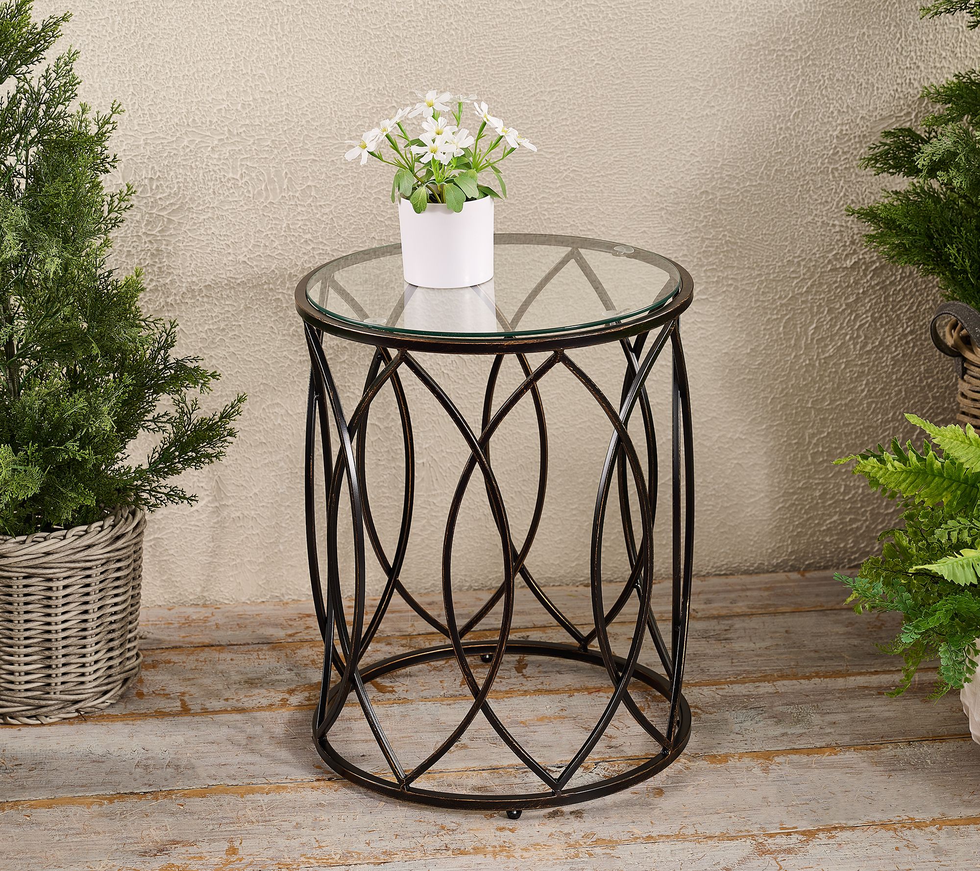 Indoor/Outdoor Round Glass and Metal Accent Table by Valerie