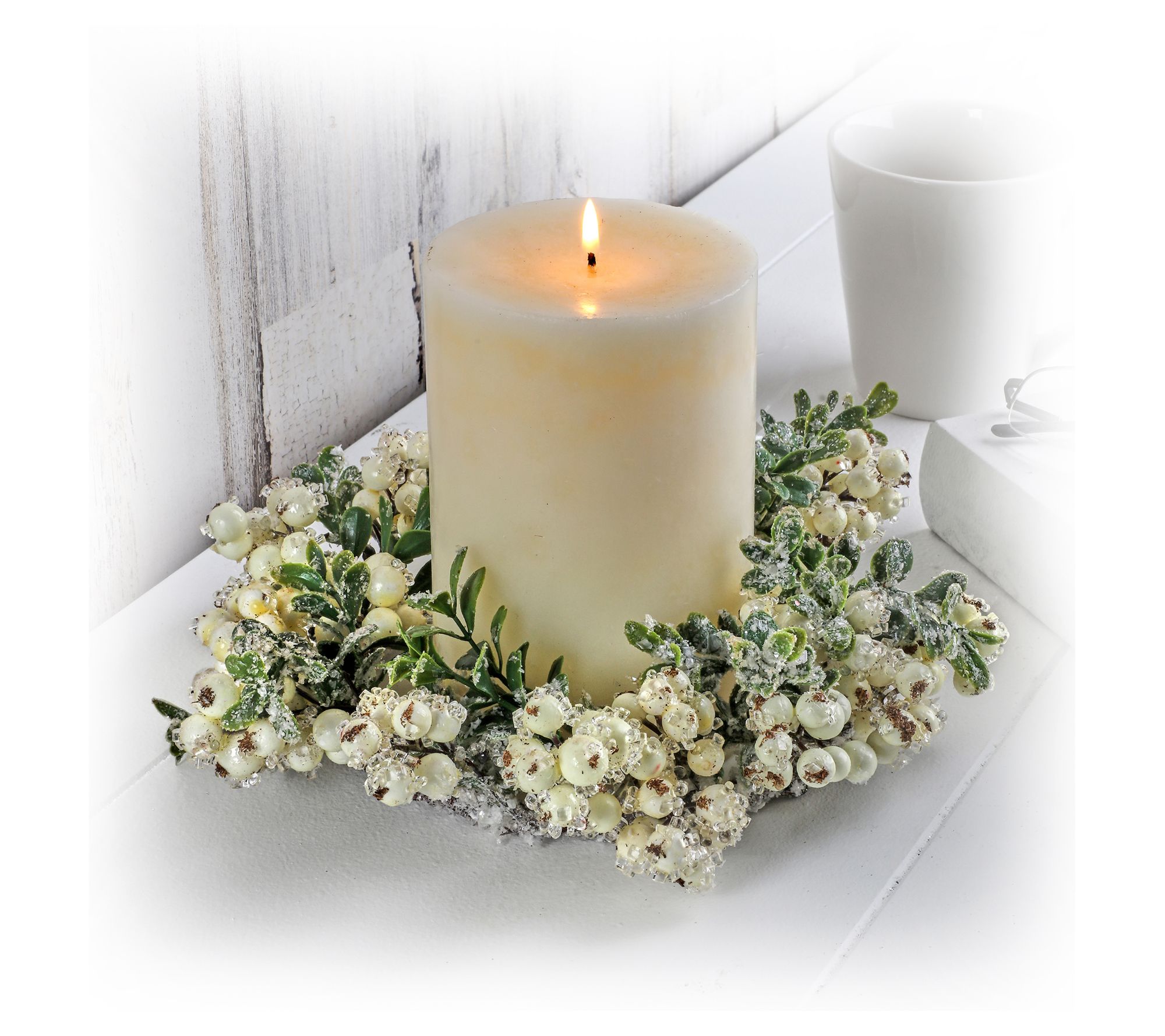 Iced Waterproof Berry Boxwood Candle Ring 10" by Valerie