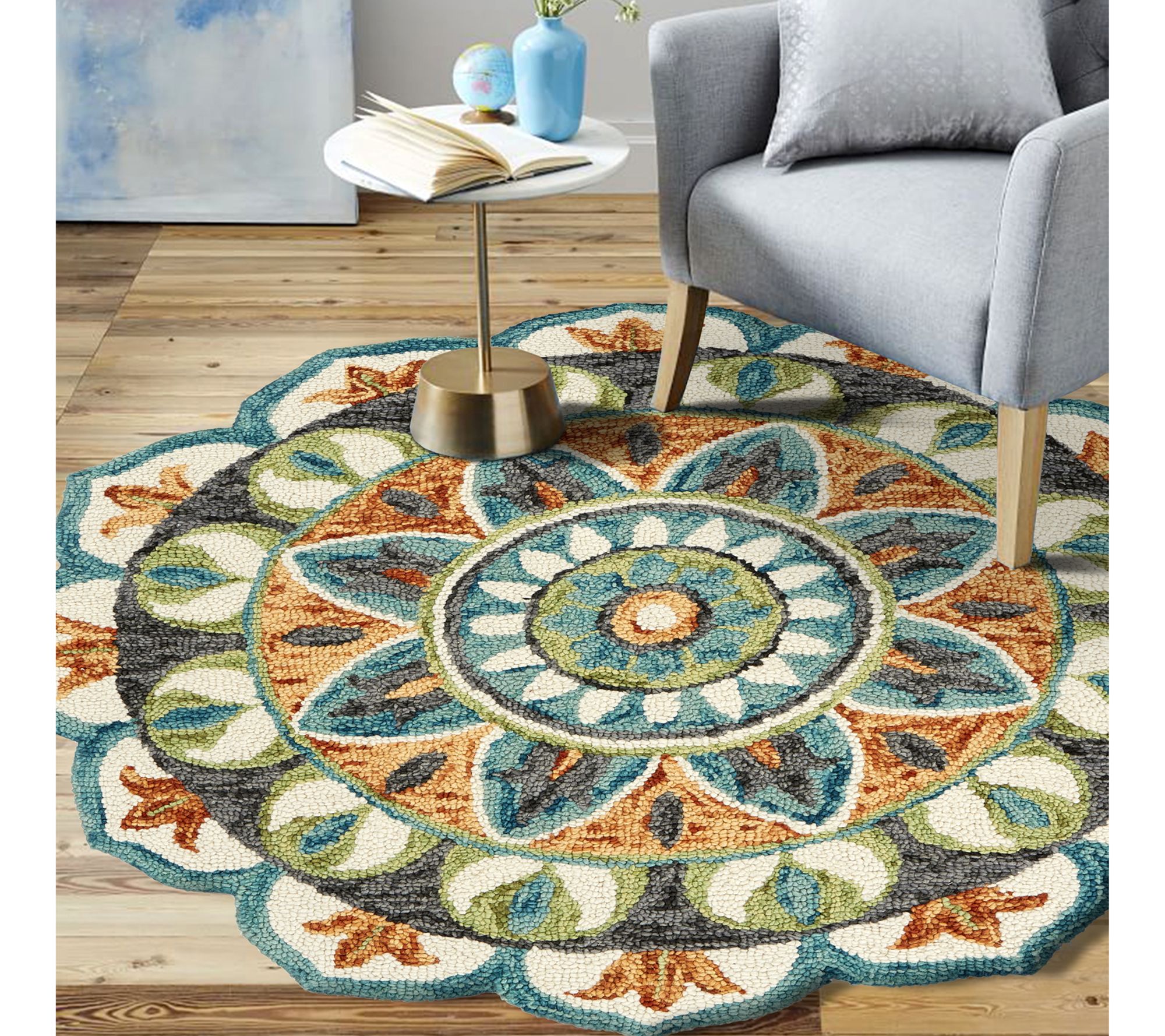 Ox Bay Mira Teal Floral Medallion Wool Indoor 4' Round Rug