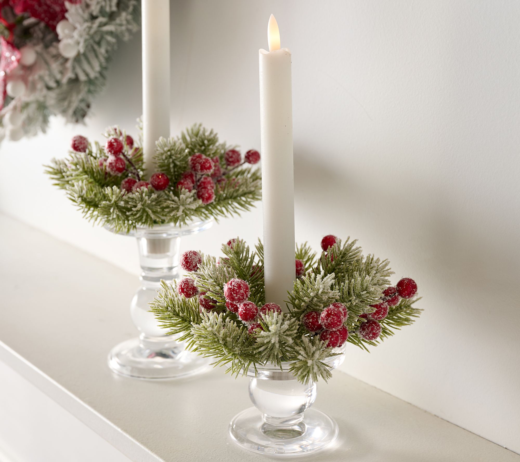 Set of 6 Frosted Berry and Pine Taper Candle Rings by Valerie