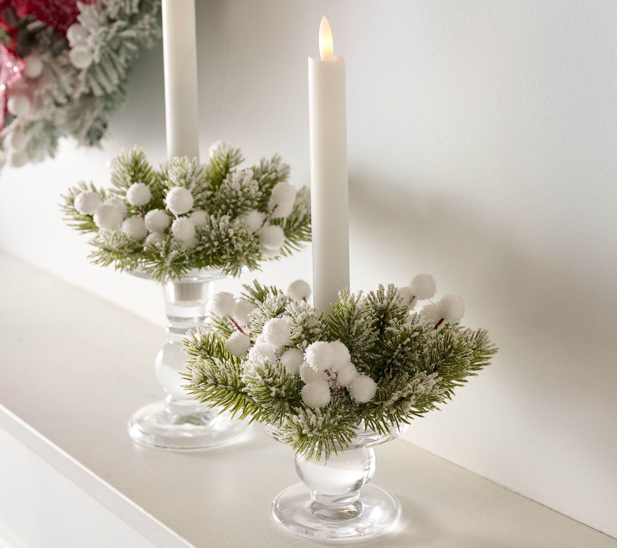 Set of 6 Frosted Berry and Pine Taper Candle Rings by Valerie