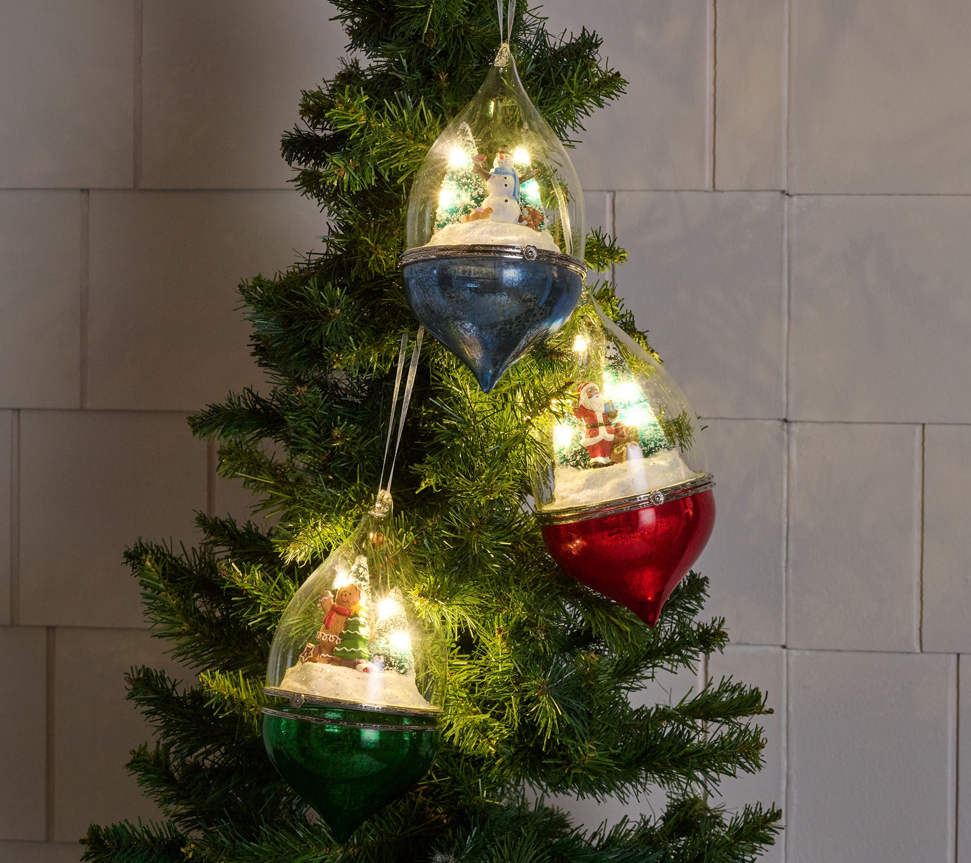 Set of 3 Illuminated Scenes Under Glass Ornaments by Valerie