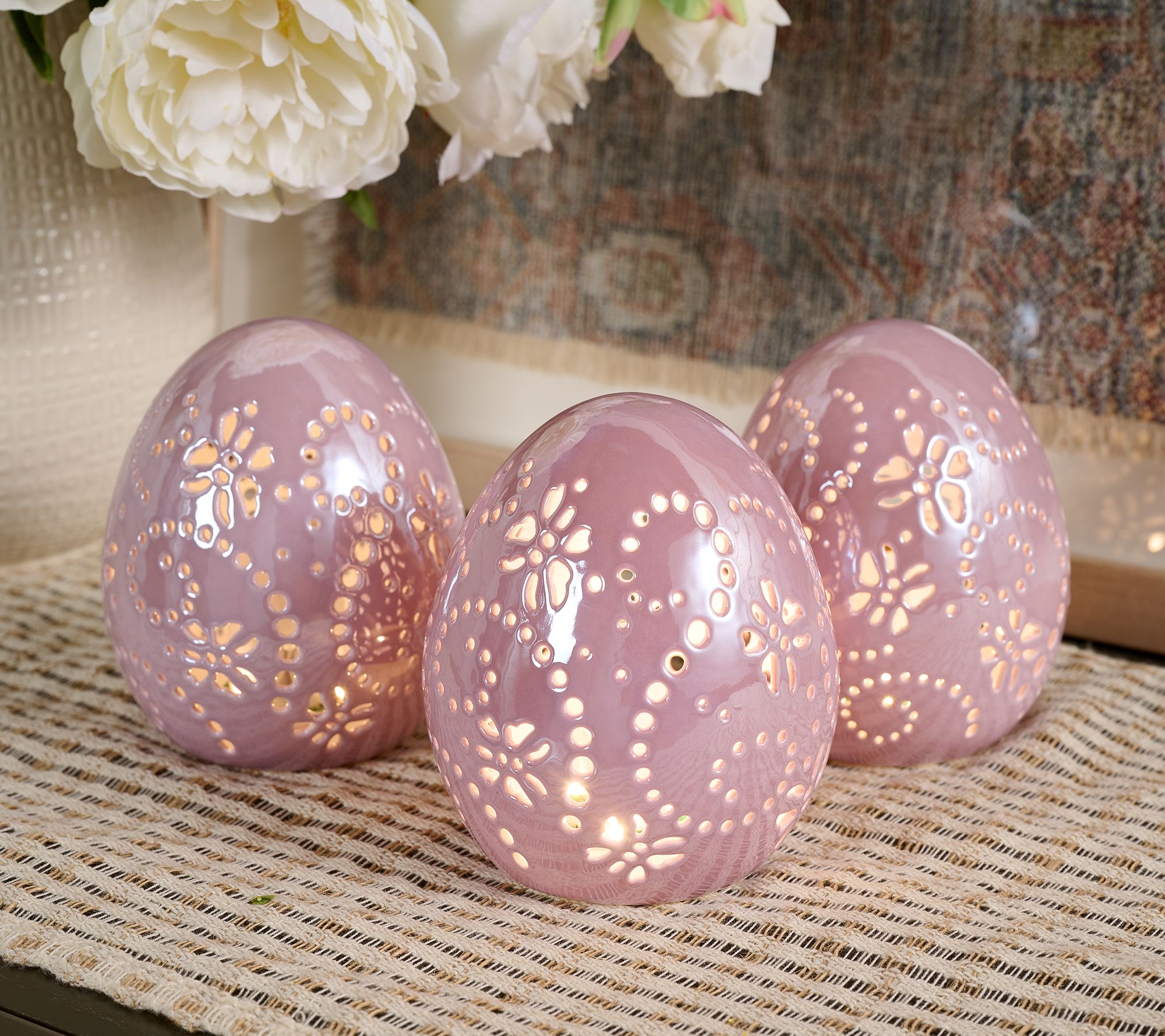  Set of (3) 5" Illuminated Porcelain Eggs by Valerie