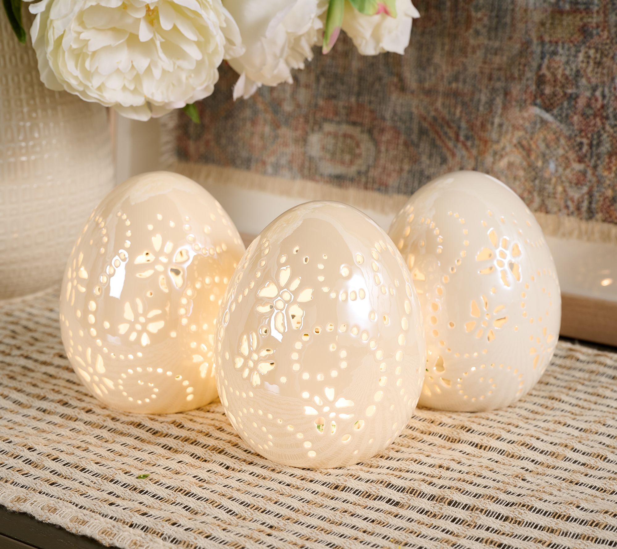 Set of (3) 5" Illuminated Porcelain Eggs by Valerie