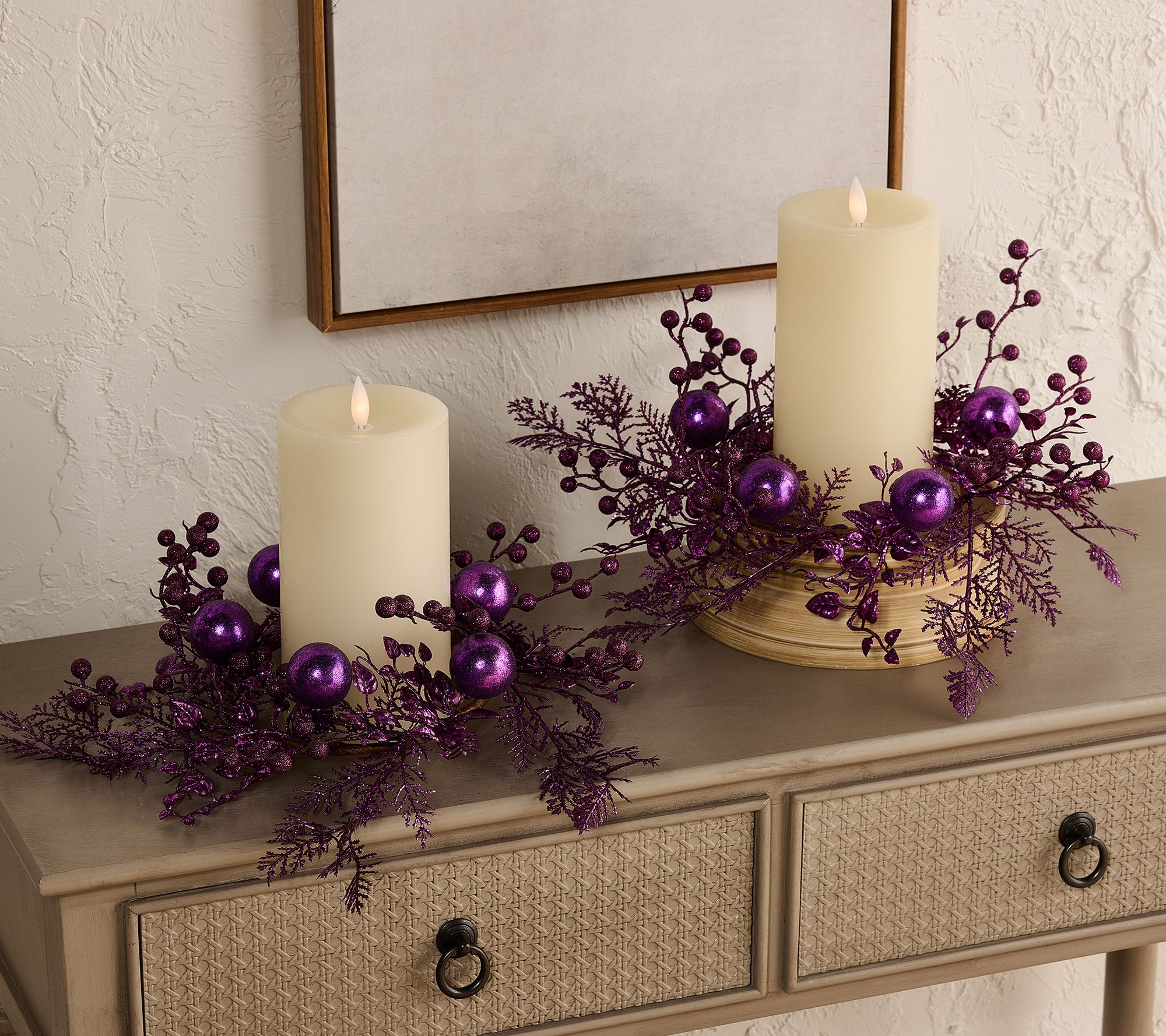 "As Is" Set of 2 Glitter Leaf & Ornament Candle Rings by Valerie