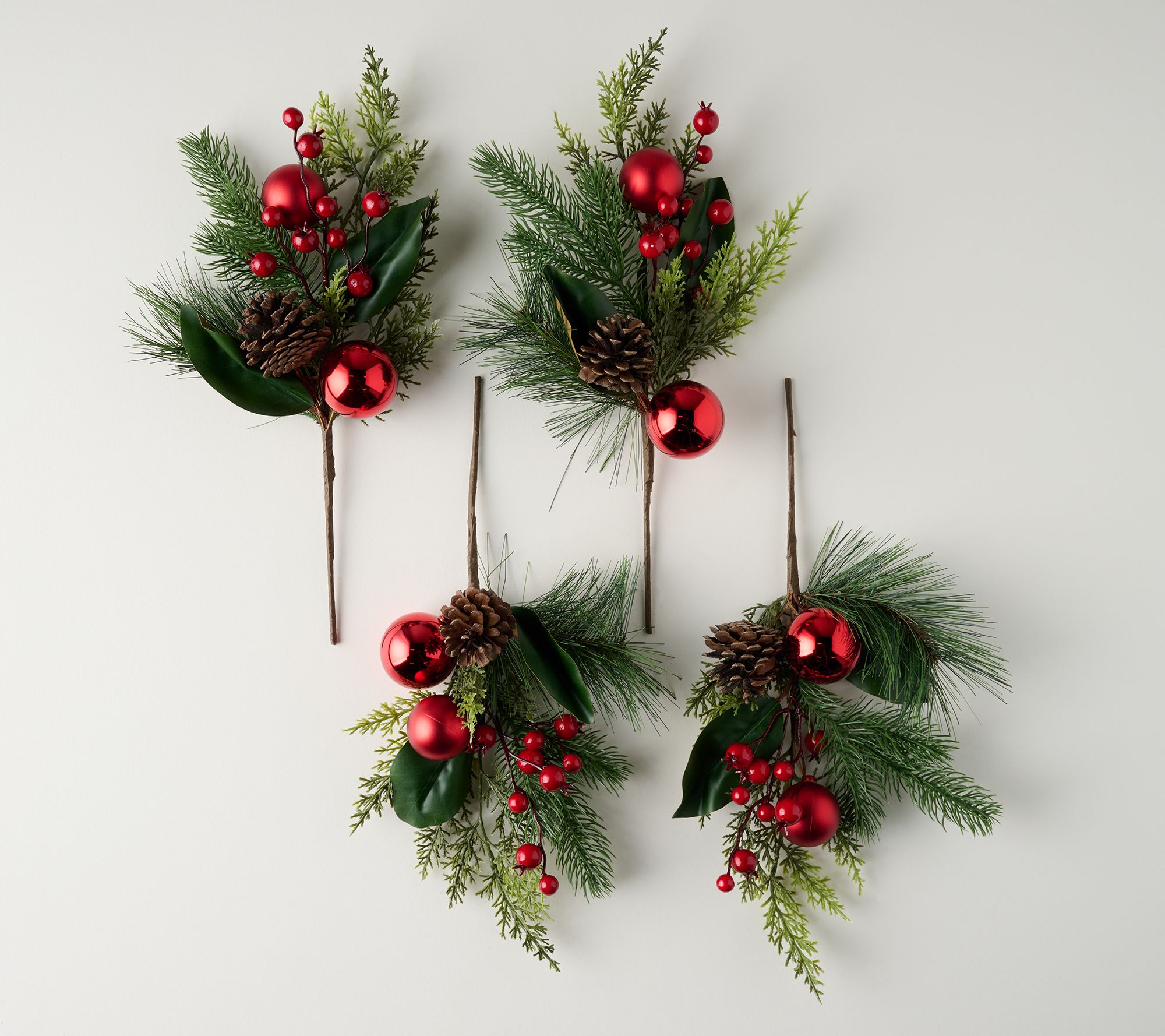 Set of 4 Ornament, Berry and Pinecone Greenery Picks by Valerie