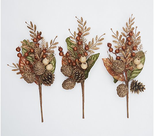 Set of 3 Metallic Leaf, Berry, Pinecone Picks by Valerie