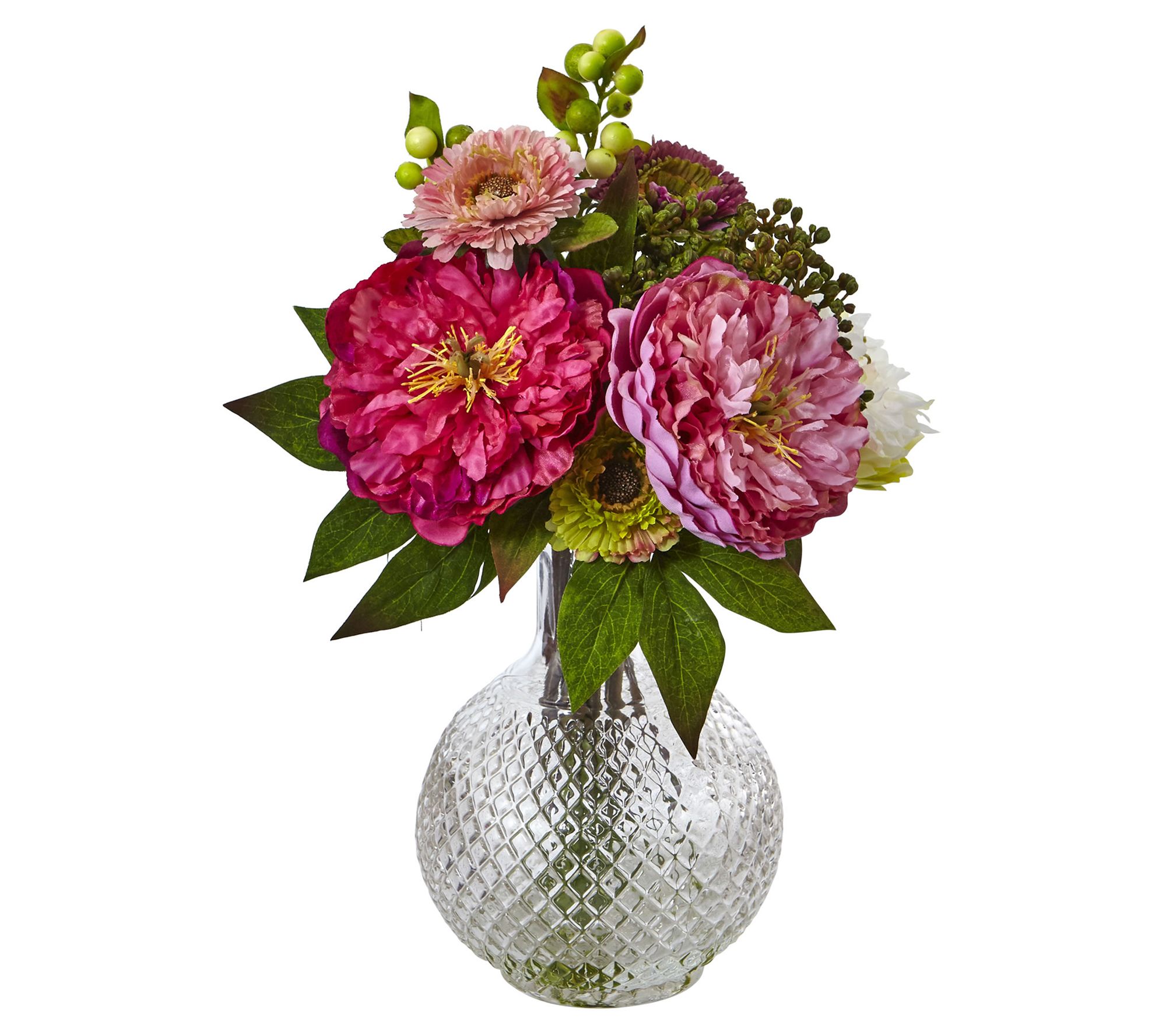 Peony and Mum Arrangement in Glass Vase by Nearly Natural