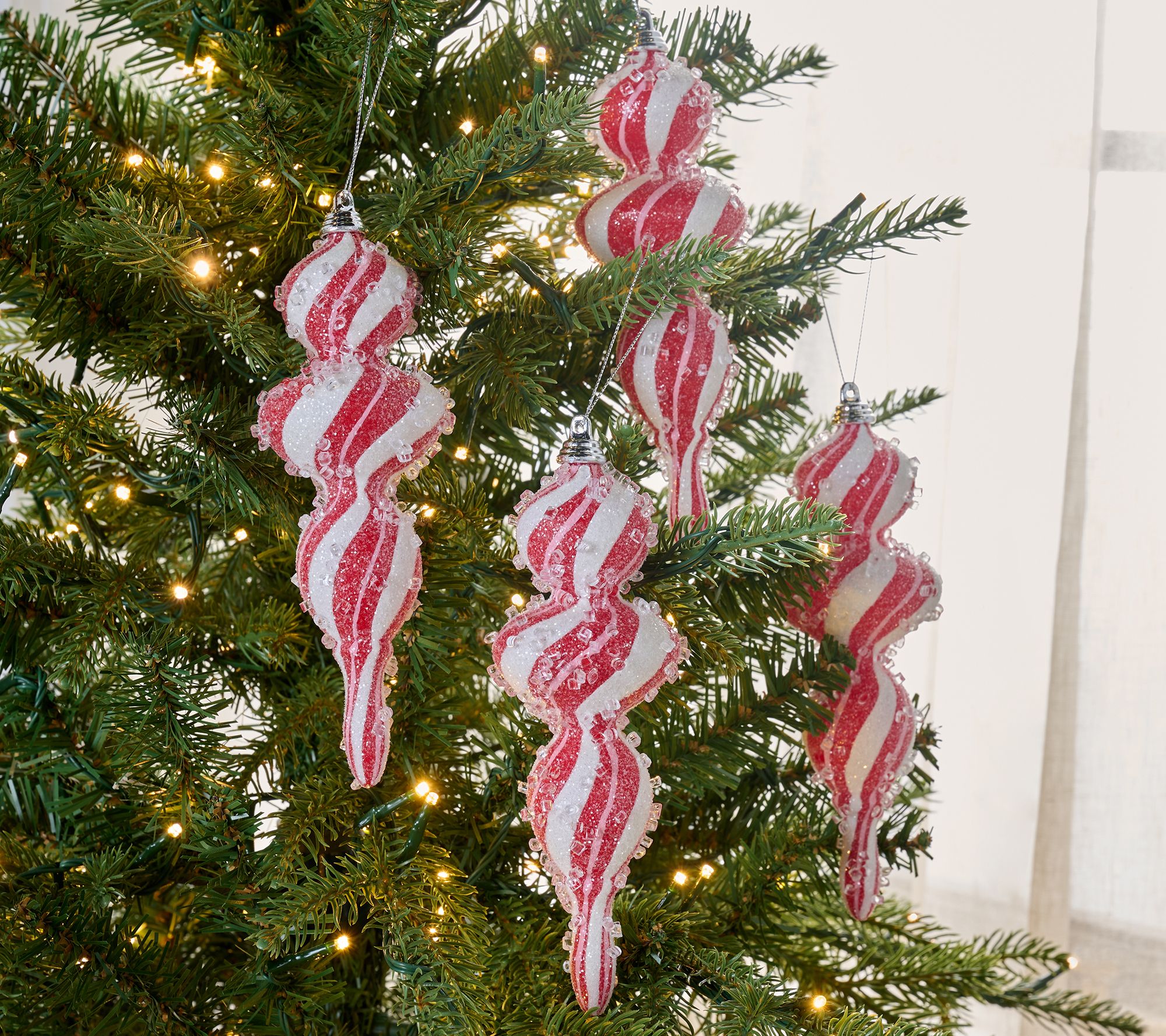 S/4 7" Beaded Peppermint Swirl Finial Ornaments by Valerie