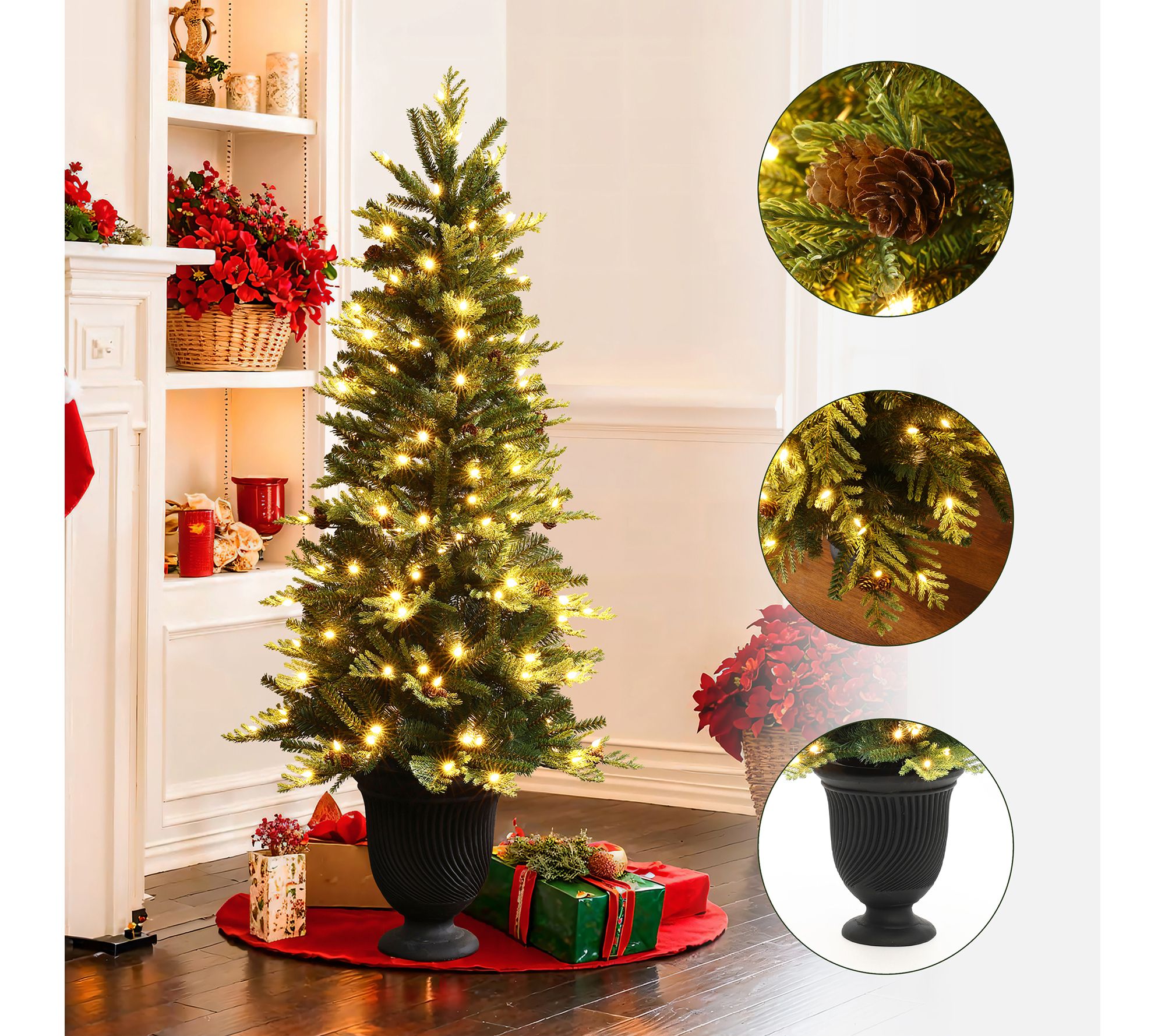 LuxenHome 4.5ft Pre-Lit Artificial Pine Xmas Tree with Urn Pot