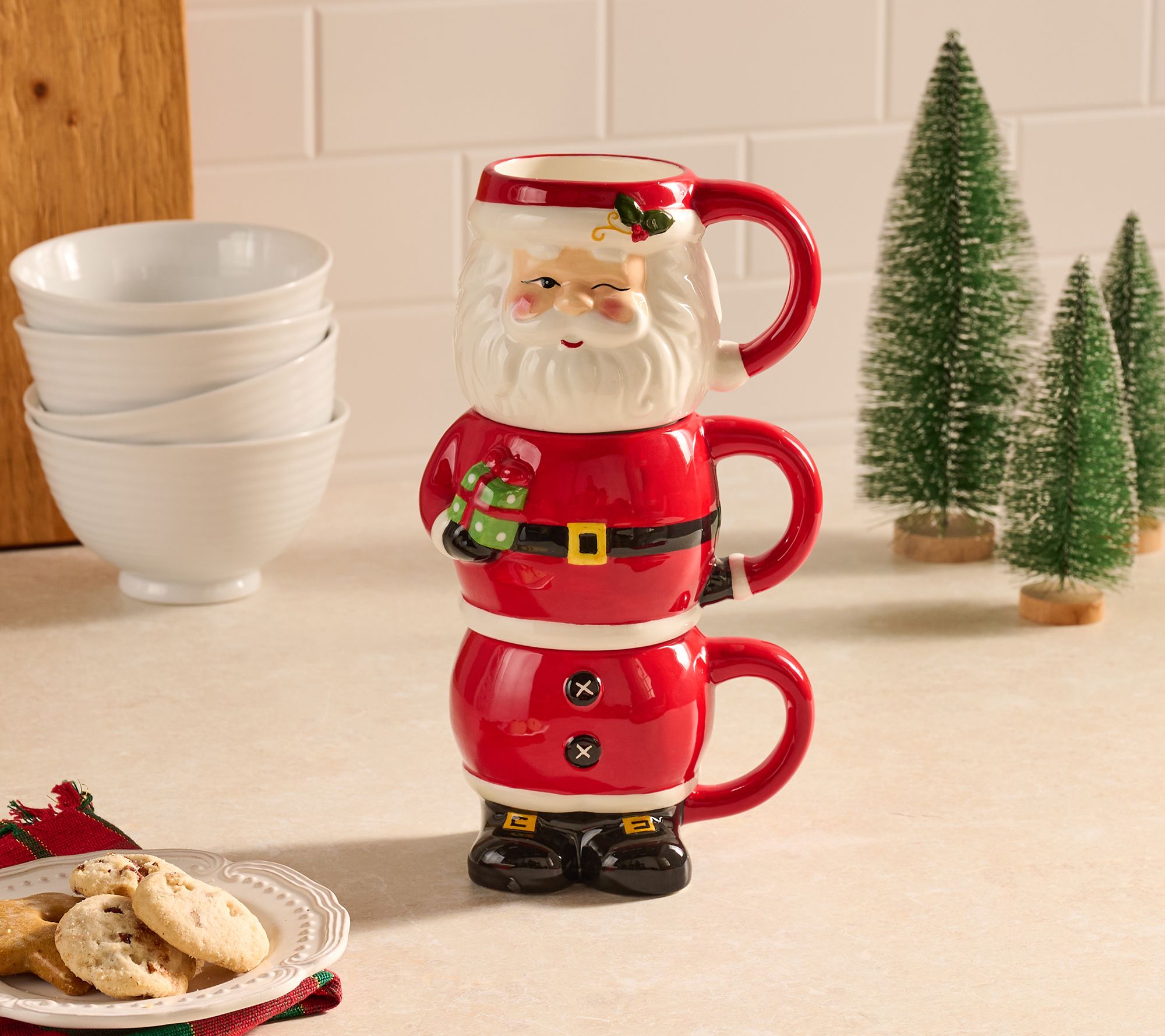 "As Is" 3pc Stackable Holiday Ceramic Mugs by Valerie