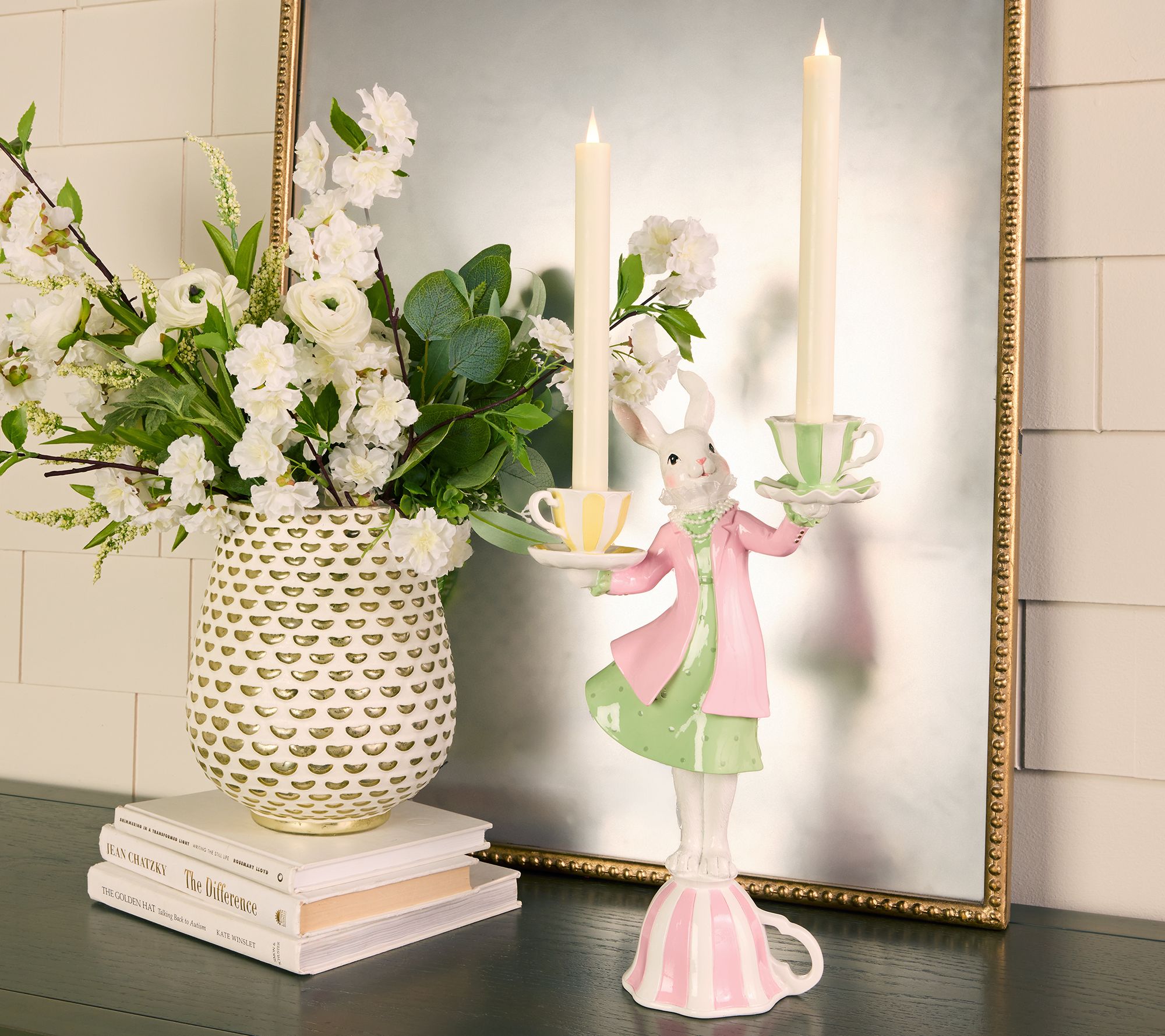 "As Is" 16" Bunny with Teacups Taper Holder by Valerie