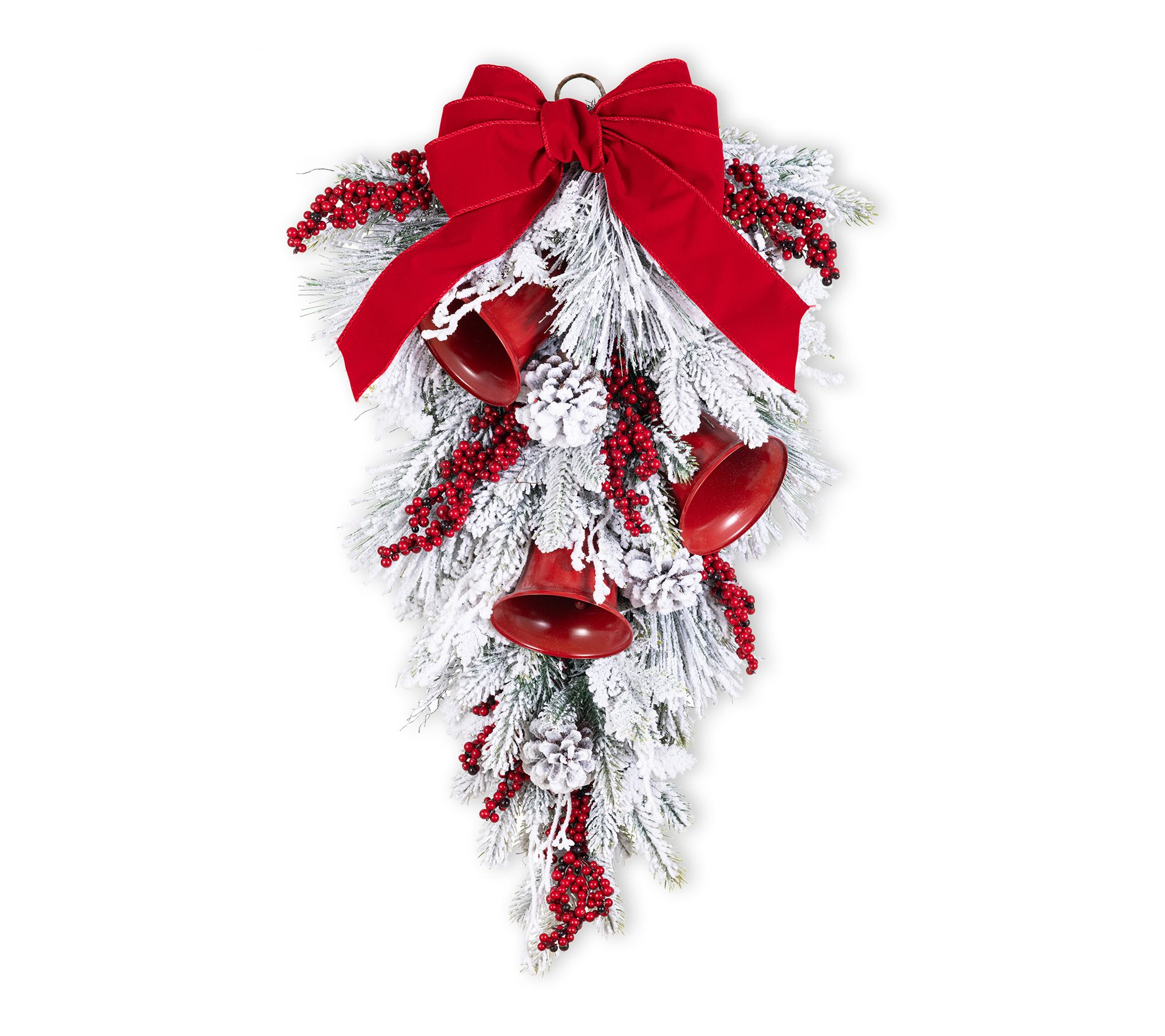 Glitzhome 30"H Flocked Red Bell & Berry Bow Teardrop