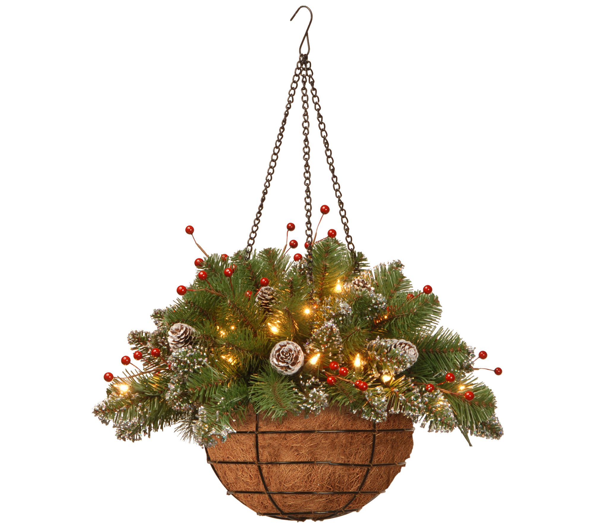 20" Glittery Spruce Hanging Basket with White LED Lights
