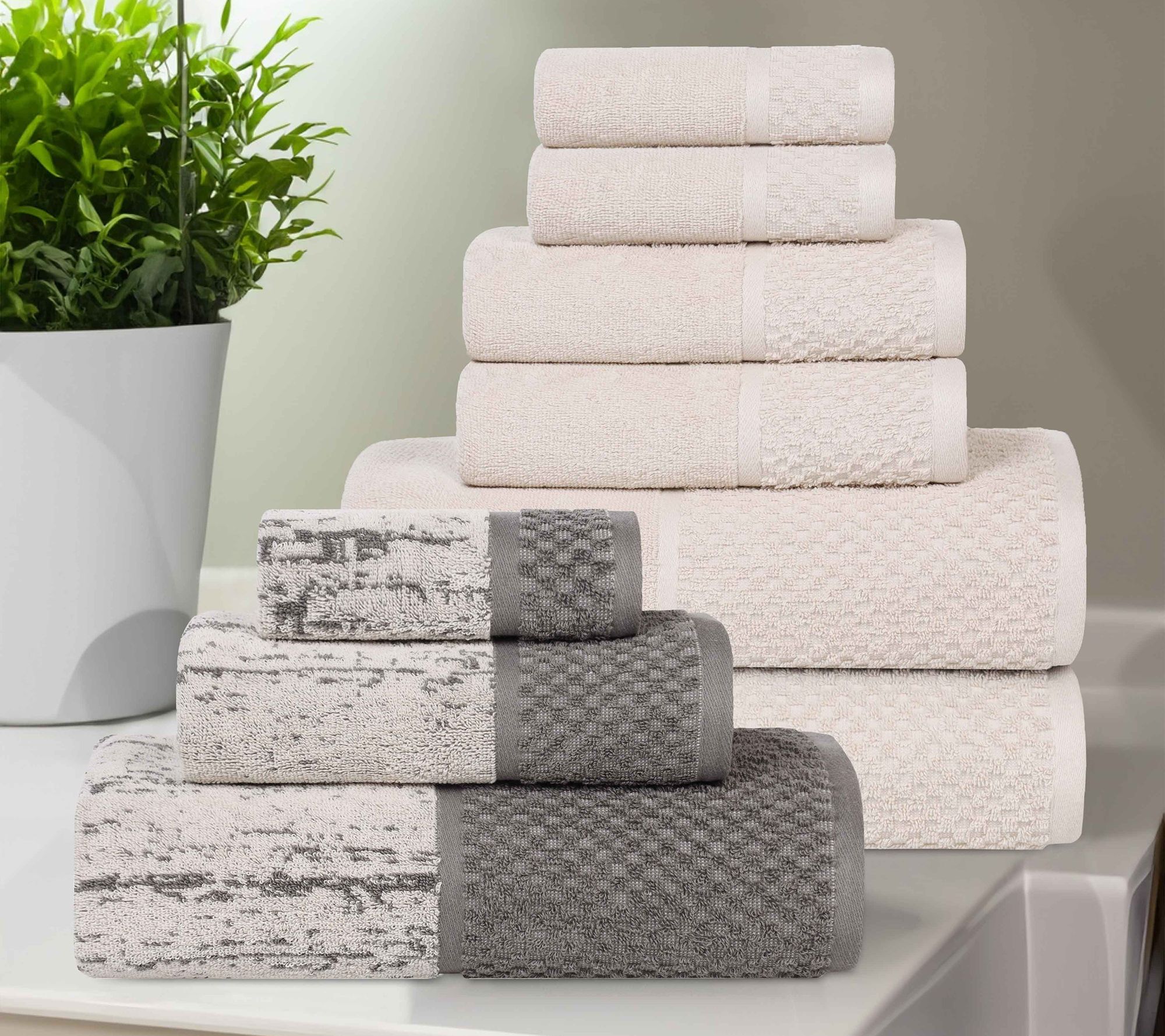 Superior Cotton Soft Absorbent Two Toned 9 Piece Towel Set
